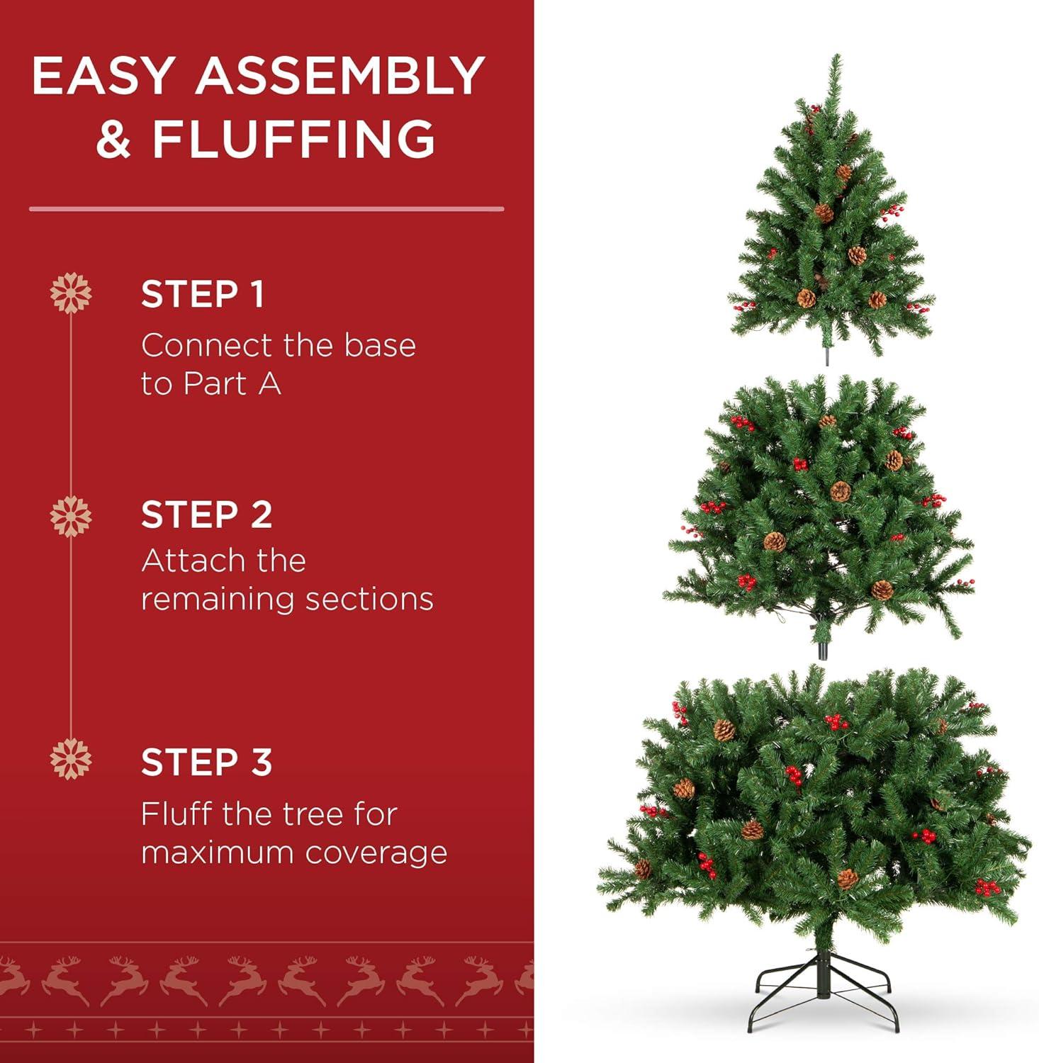 Best Choice Products Pre-Lit Pre-Decorated Holiday Spruce Christmas Tree w/ Tips, Lights, Metal Base