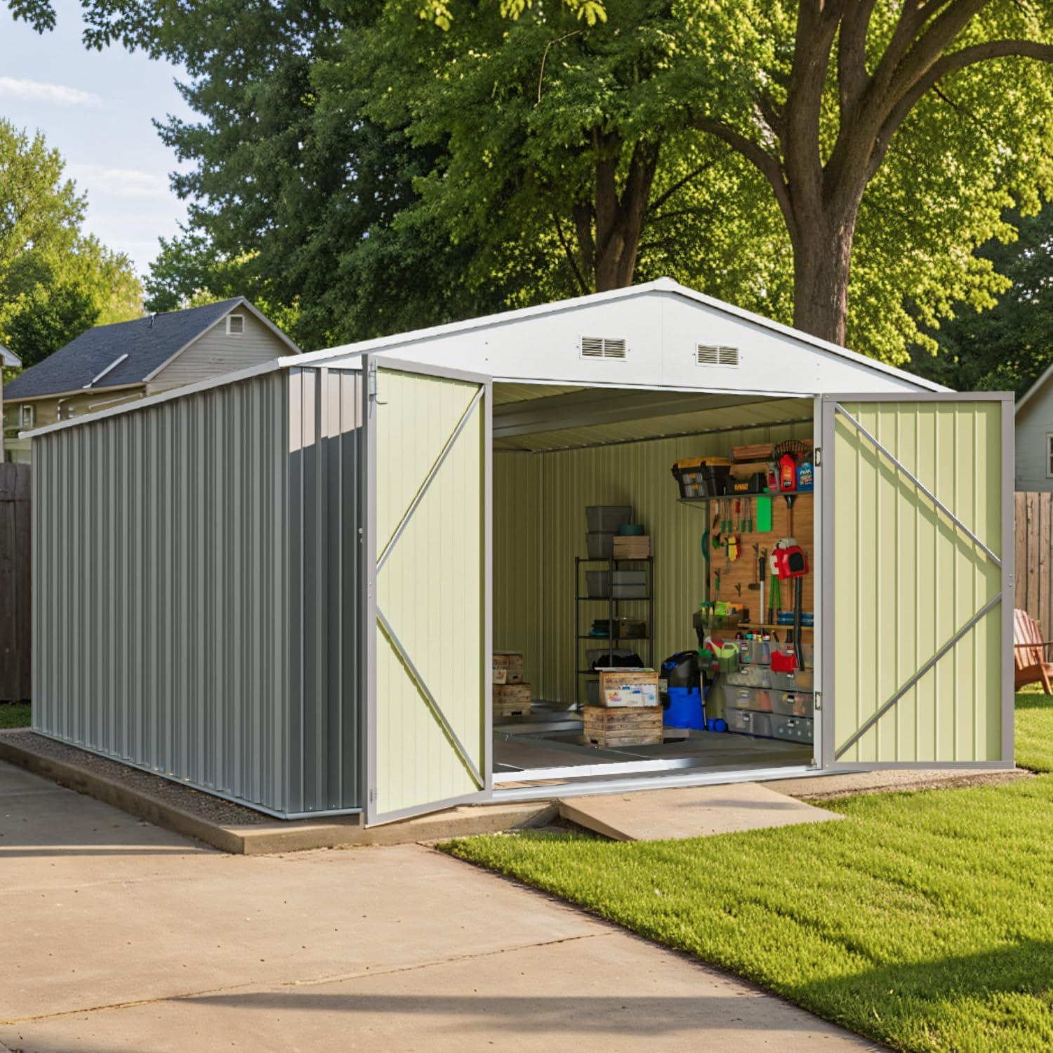 Patiowell 12'x10' Outdoor Storage Shed with Design of Double Lockable Doors Roof ,Utility Storage, Gray