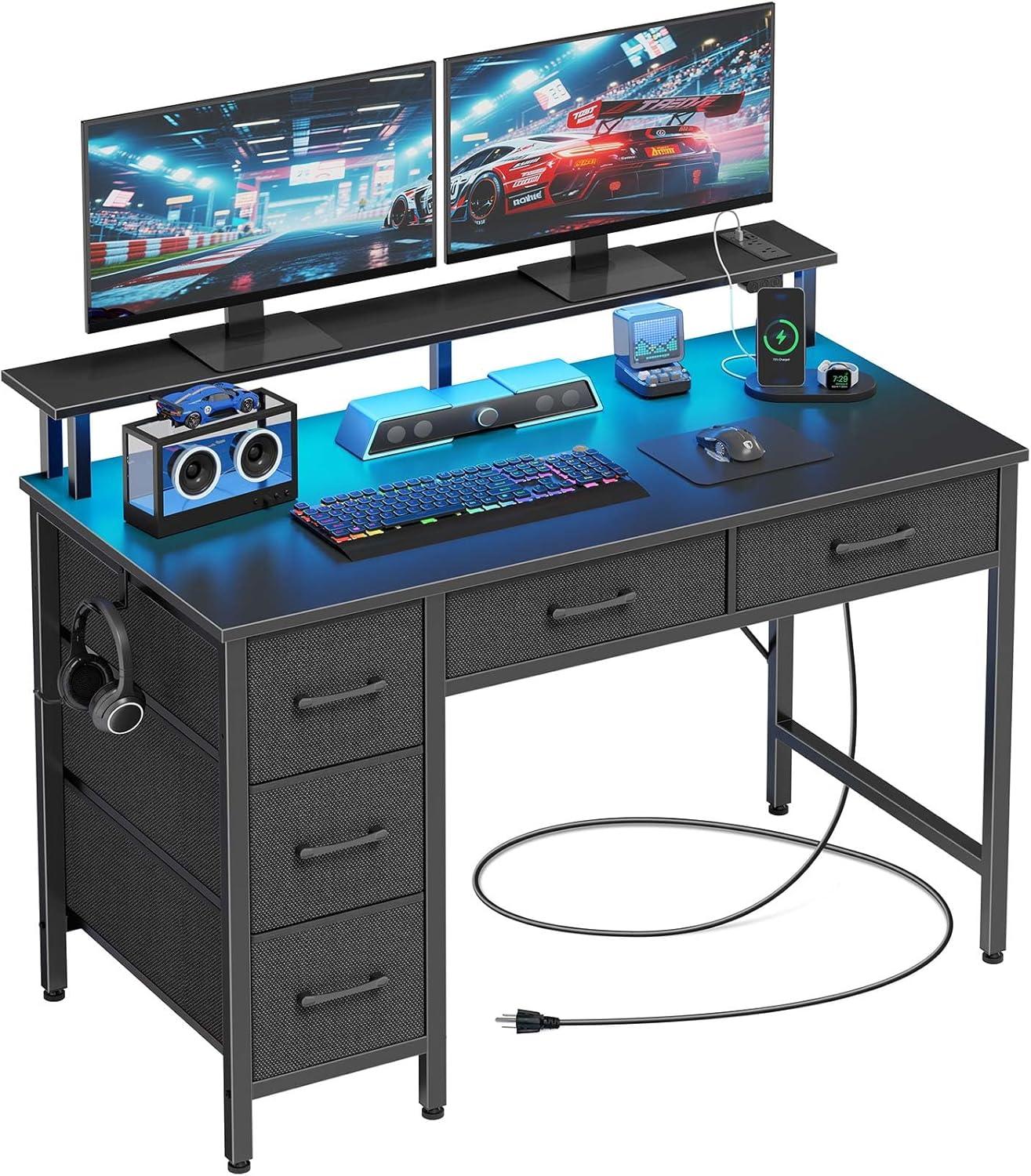 Computer Desk with Power Outlets & LED Light, 39 inch Home Office Desk with 5 Drawers, Writing Desk with Monitor Stand,Work Desk for Home Office, Black