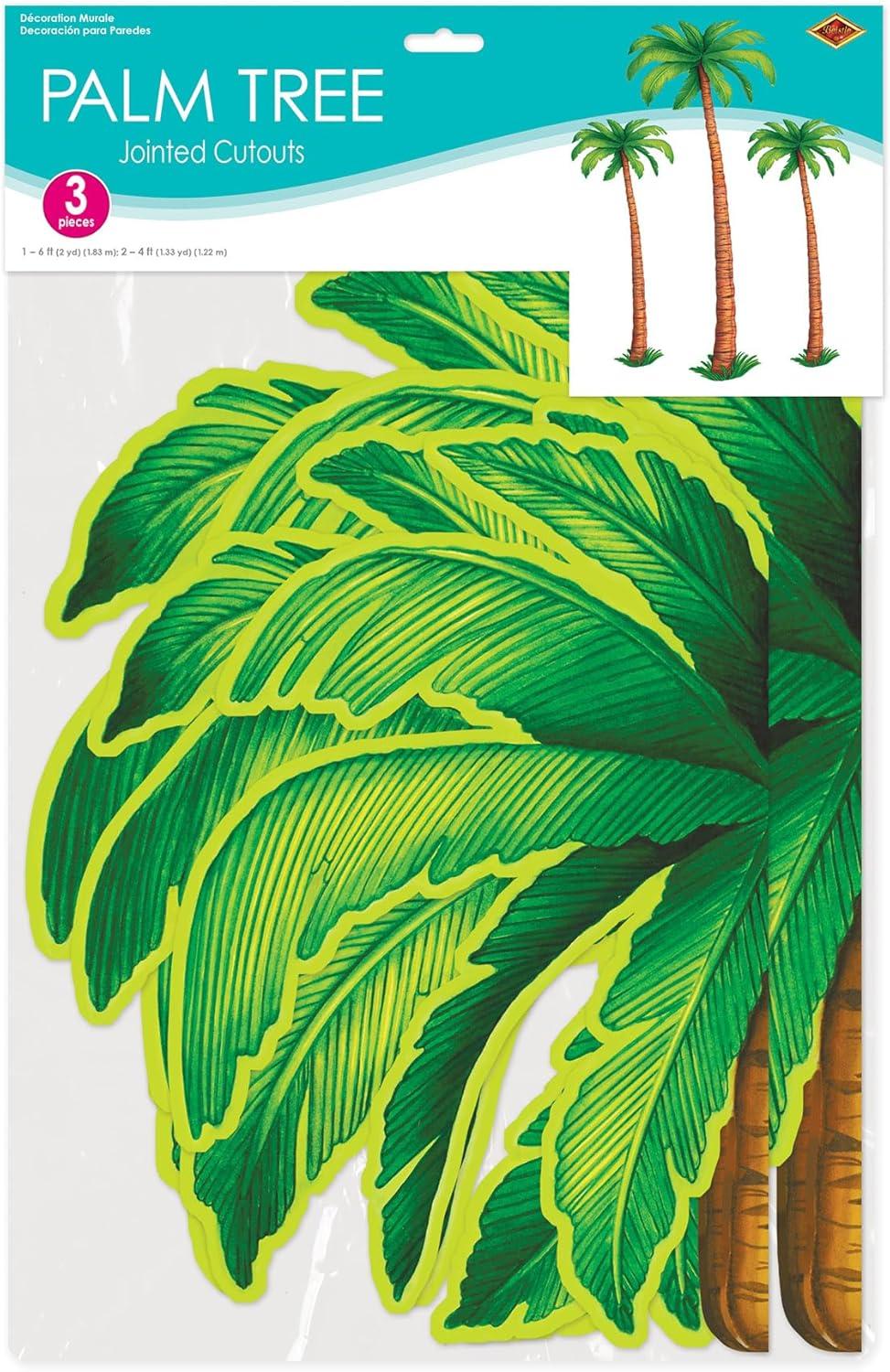 Beistle 3 Count Jointed Palm Tree Decorations, Cardstock Paper Cut Outs, Luau Beach Theme, Tropical Hawaiian Party Décor, 2-4’ & 1-6’