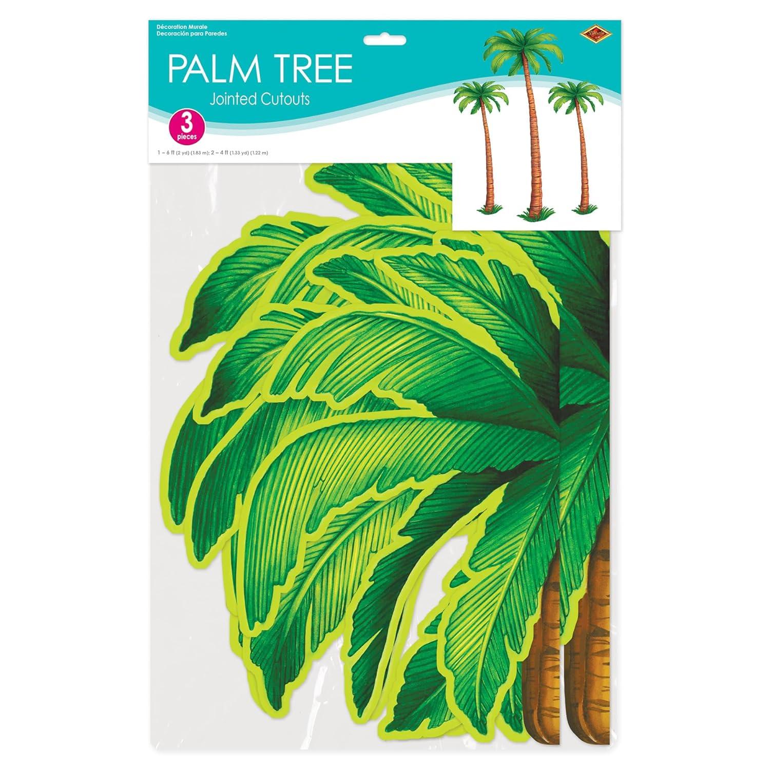 Beistle 3 Count Jointed Palm Tree Decorations, Cardstock Paper Cut Outs, Luau Beach Theme, Tropical Hawaiian Party Décor, 2-4’ & 1-6’