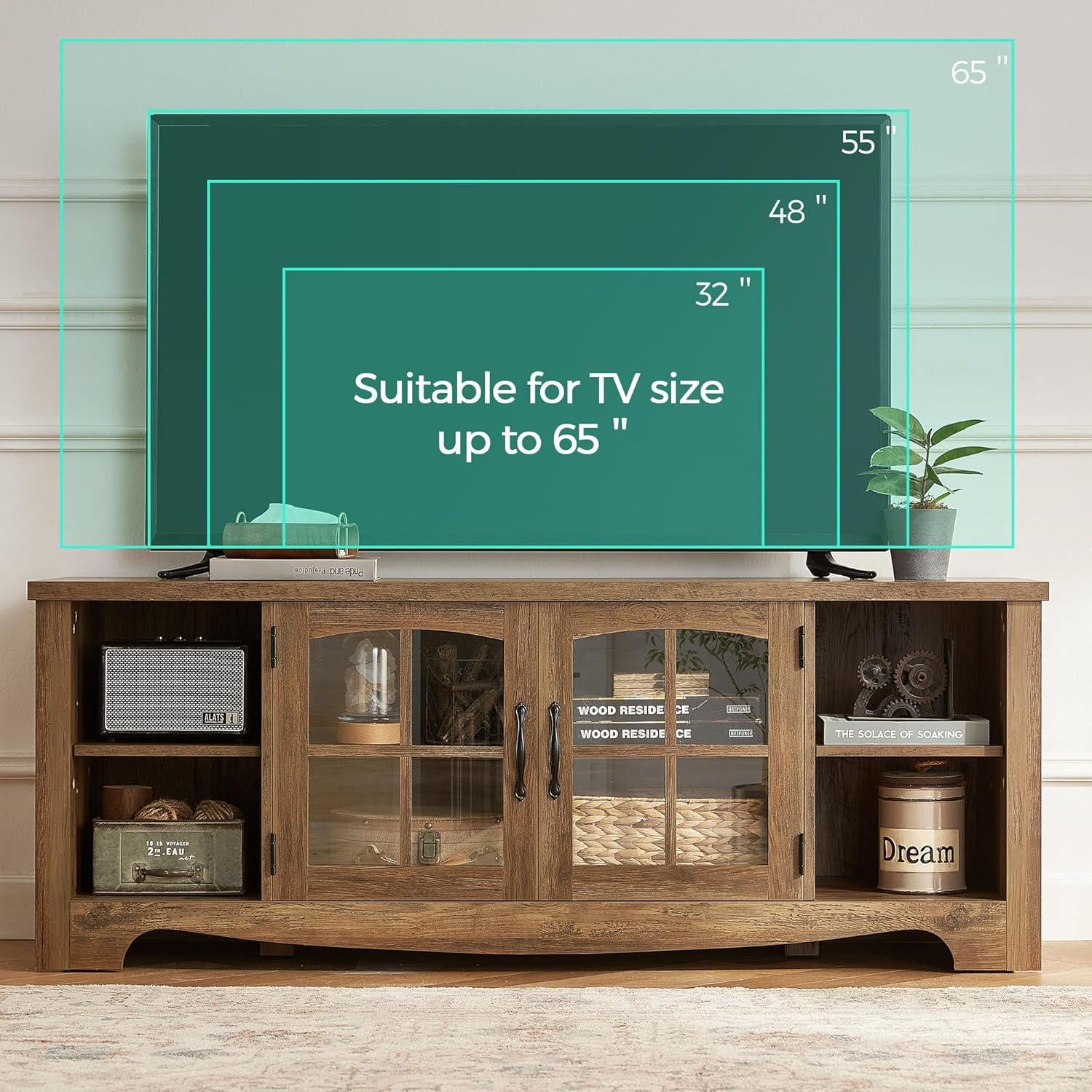 Farmhouse TV Stand for 65 Inch TV, Wood Entertainment Center with Glass Door Storage Cabinet & Adjustable Shelves, Large Sturdy TV Console Table for Living Room Bedroom