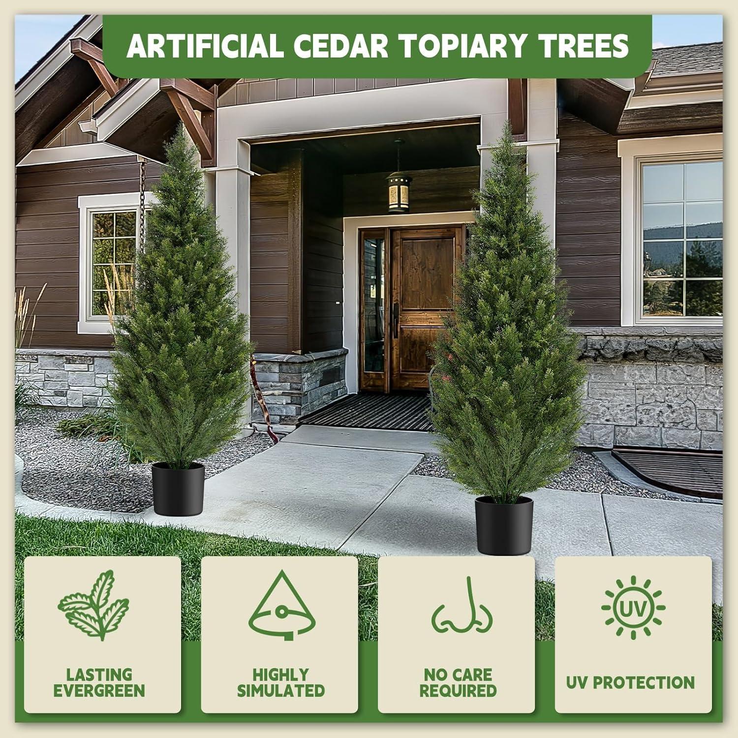 Artificial Cedar Tree 2 Pack 4 ft Outdoor Artificial Topiary Cedar Plants Fake Tree UV Rated Potted Tree for Perfect Housewarming Gift, Set of 2