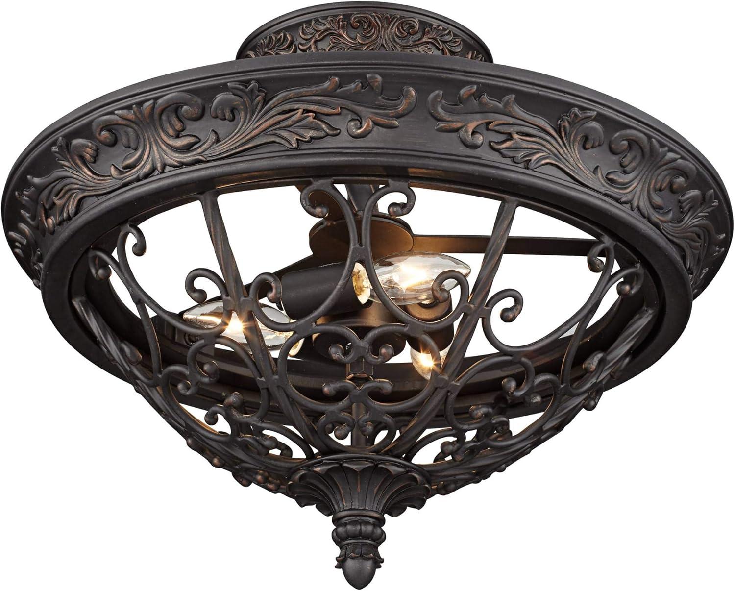 Franklin Iron Works French Scroll Rustic Farmhouse Ceiling Light Semi Flush Mount Fixture 16 1/2" Wide Rubbed Bronze 3-Light for Bedroom Kitchen House