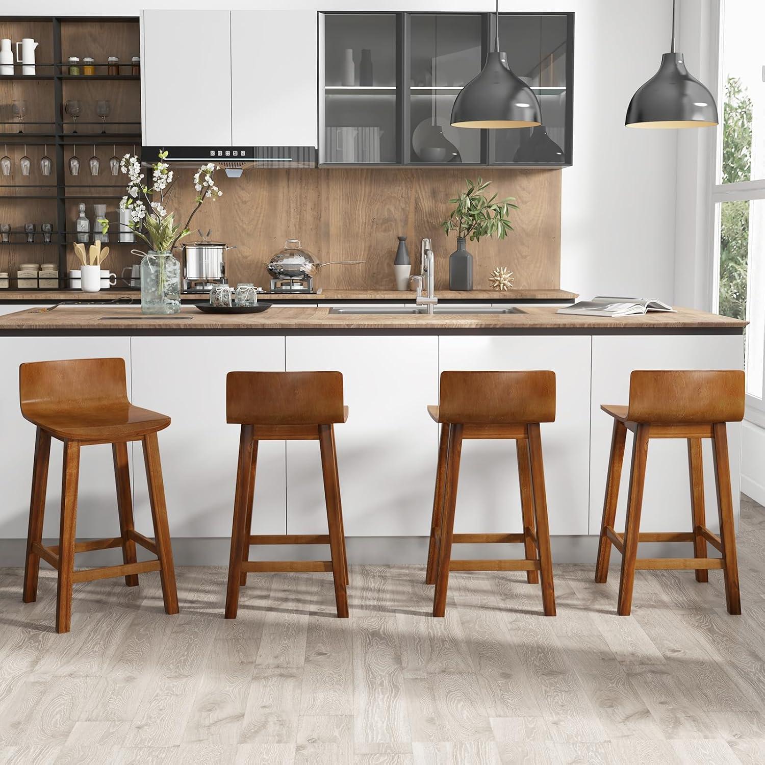 Topcobe Wood Bar Stools Set of 2 with Solid Back and Seat, Bar Stools for Kitchen Counter Pub Bistro Dining, Brown