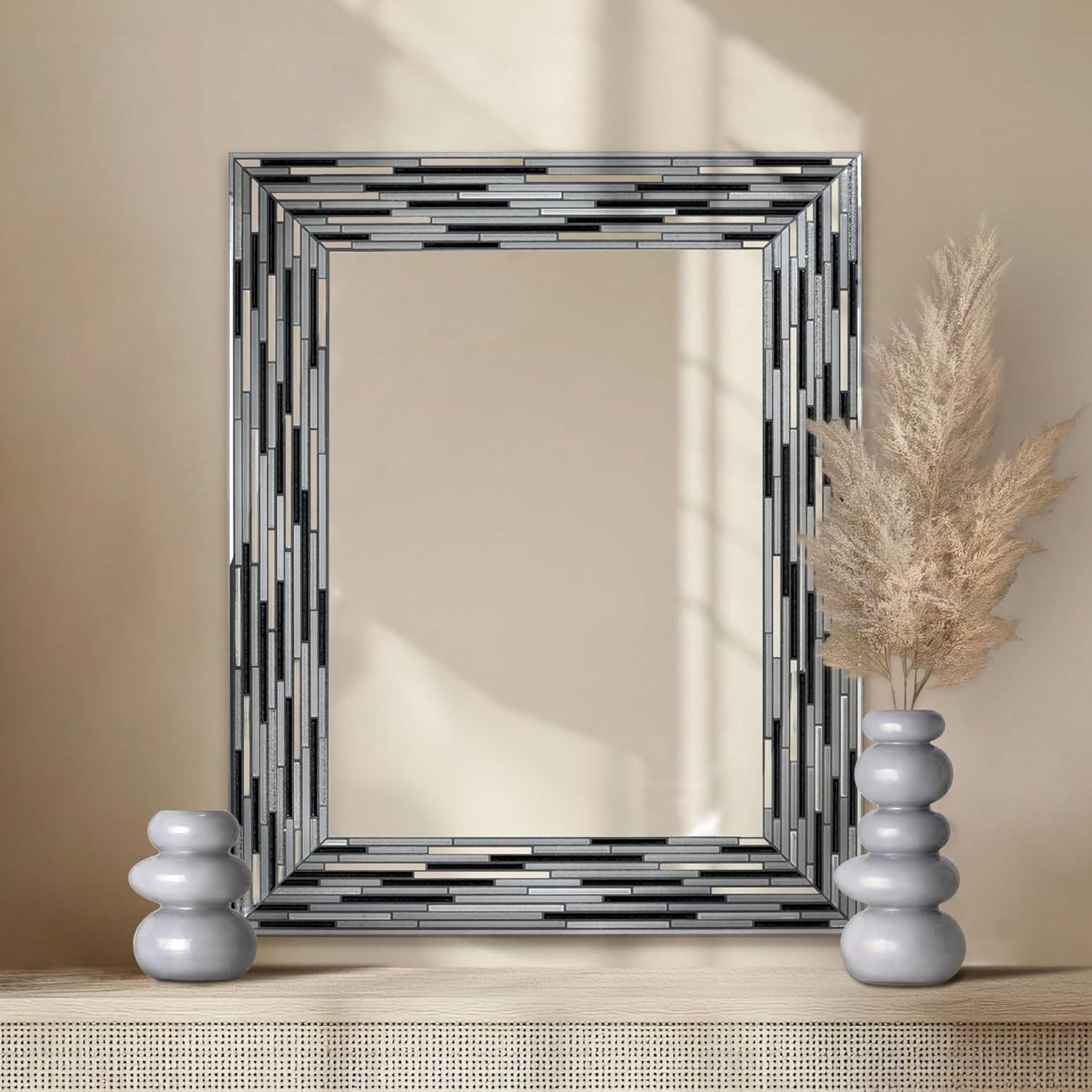 Head West Mosaic Printed Glass Reeded Tiled Black Wall Mirror Decor for Entryway 24x30"