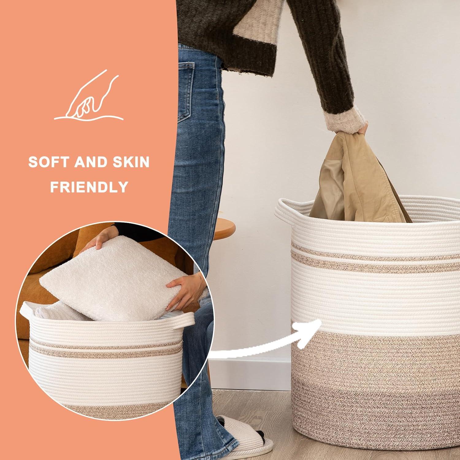 Large Beige and White Collapsible Woven Laundry Hamper