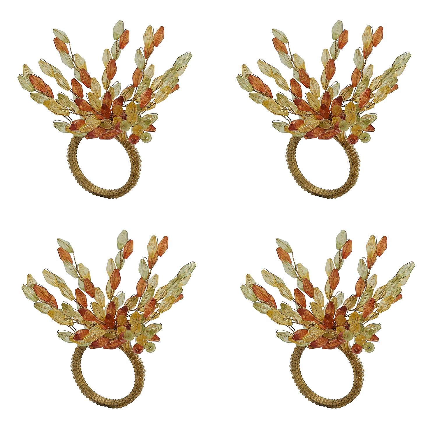 Saro Lifestyle Table Napkin Rings With Beaded Flower Design (Set of 4), Multi