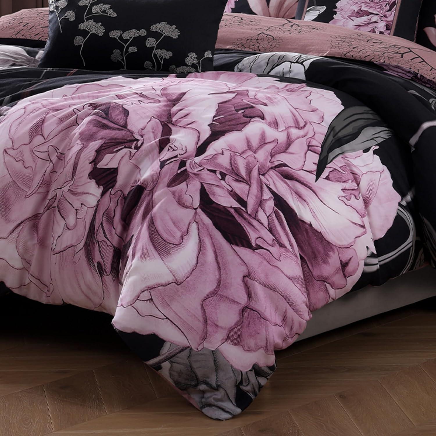 BeBeJan Bebejan Cool Pink Roses 200 Thread Count 100% Cotton Sateen 5-Piece Reversible Comforter Set