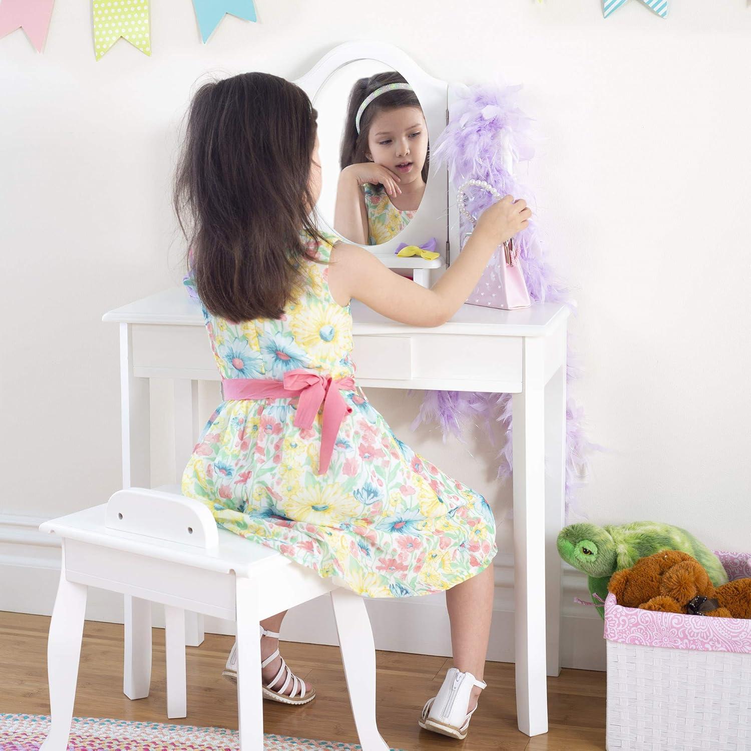 Classic White Wooden Kids Vanity Set with Bench and Mirror