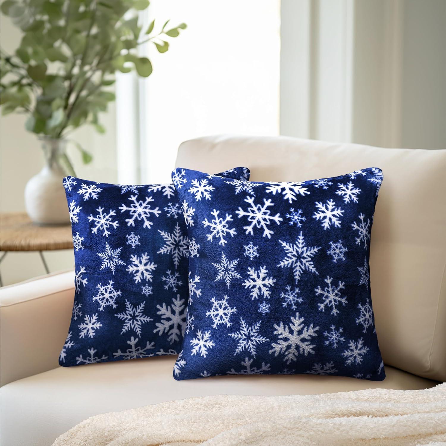 PAVILIA Set of 2 Throw Pillow Covers, Decorative Velvet Square Cushion Cases for Bed Sofa Couch Bedroom Living Room, Snowflake Blue/18 x 18
