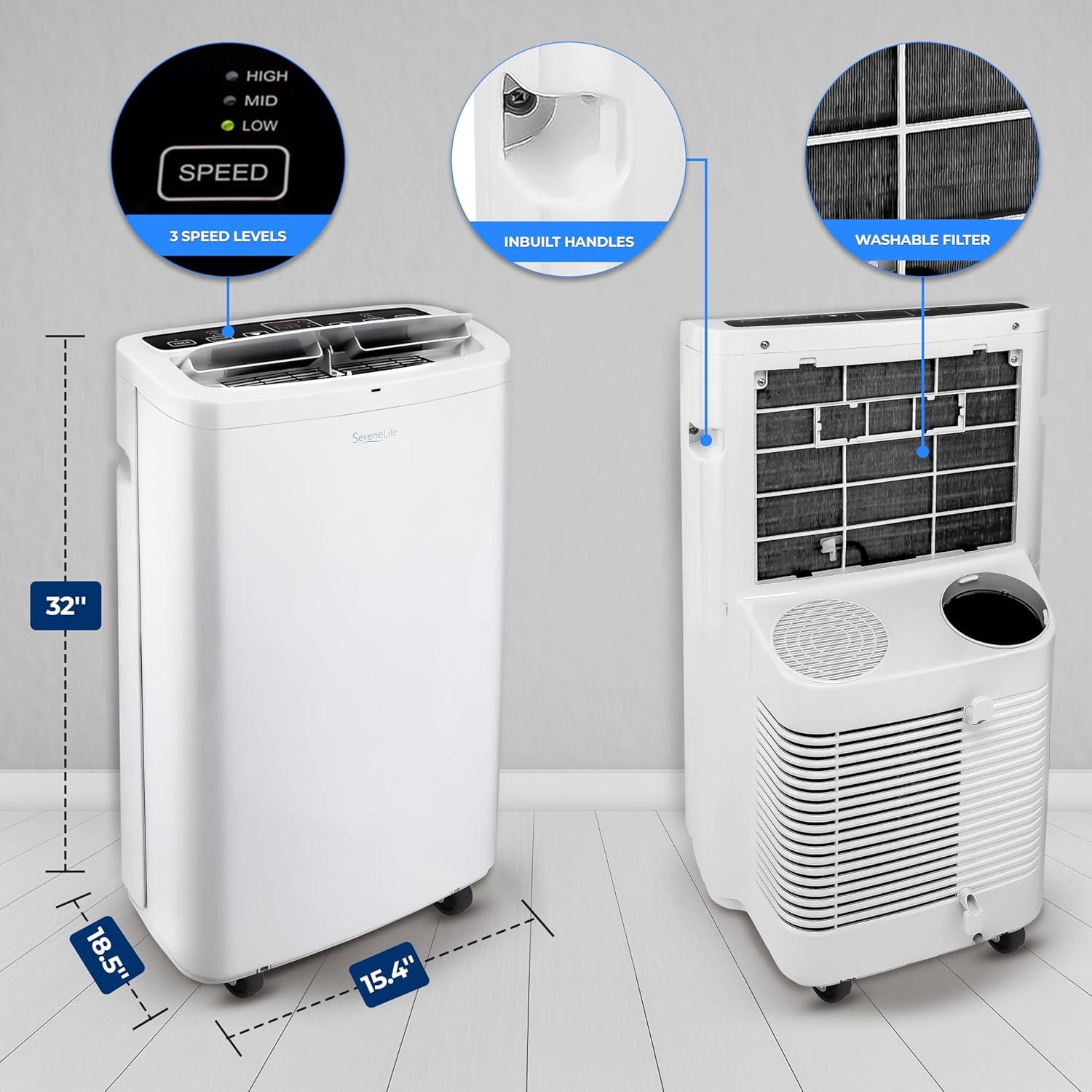 SereneLife Compact Home AC Cooling Unit with Built-in Dehumidifier & Fan Modes, 14,000 BTU, (White)