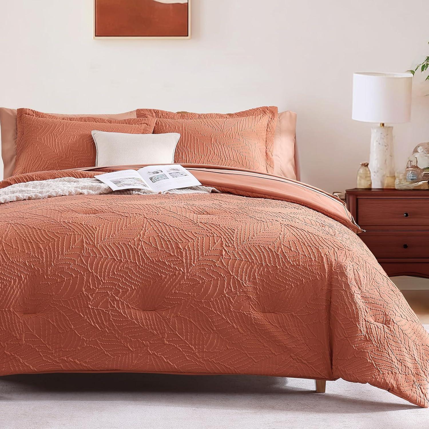 Geniospin Twin Comforter Set - 5 Pieces Burnt Orange Bedding Set, Botanical Textured Fall Comforter Set, All Season Lightweight Bed in a Bag with Comforter, Sheets, Pillowcases & Shams