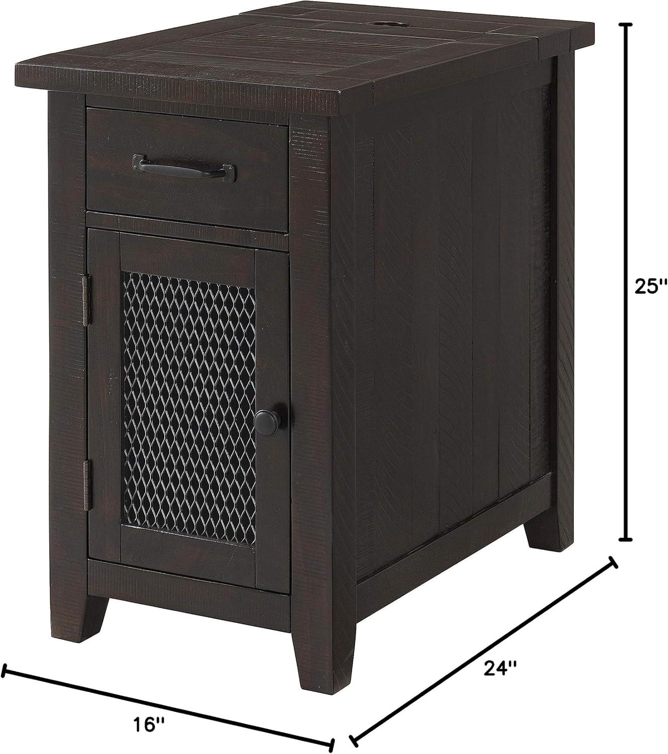 Espresso Rustic Pine Chairside Table with Power Outlets and Storage