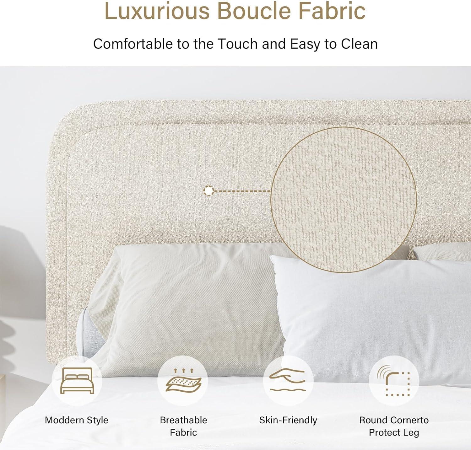 Manfred Boucle Upholstered Cloud Bed Frame with Rounded Corners Headboard, Soft Platform Bed Frame with Thickened Footboard