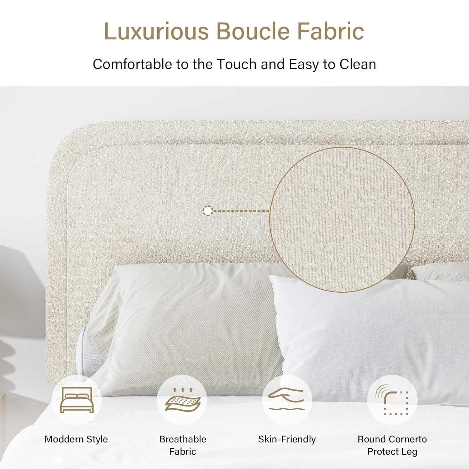 Manfred Boucle Upholstered Cloud Bed Frame with Rounded Corners Headboard, Soft Platform Bed Frame with Thickened Footboard