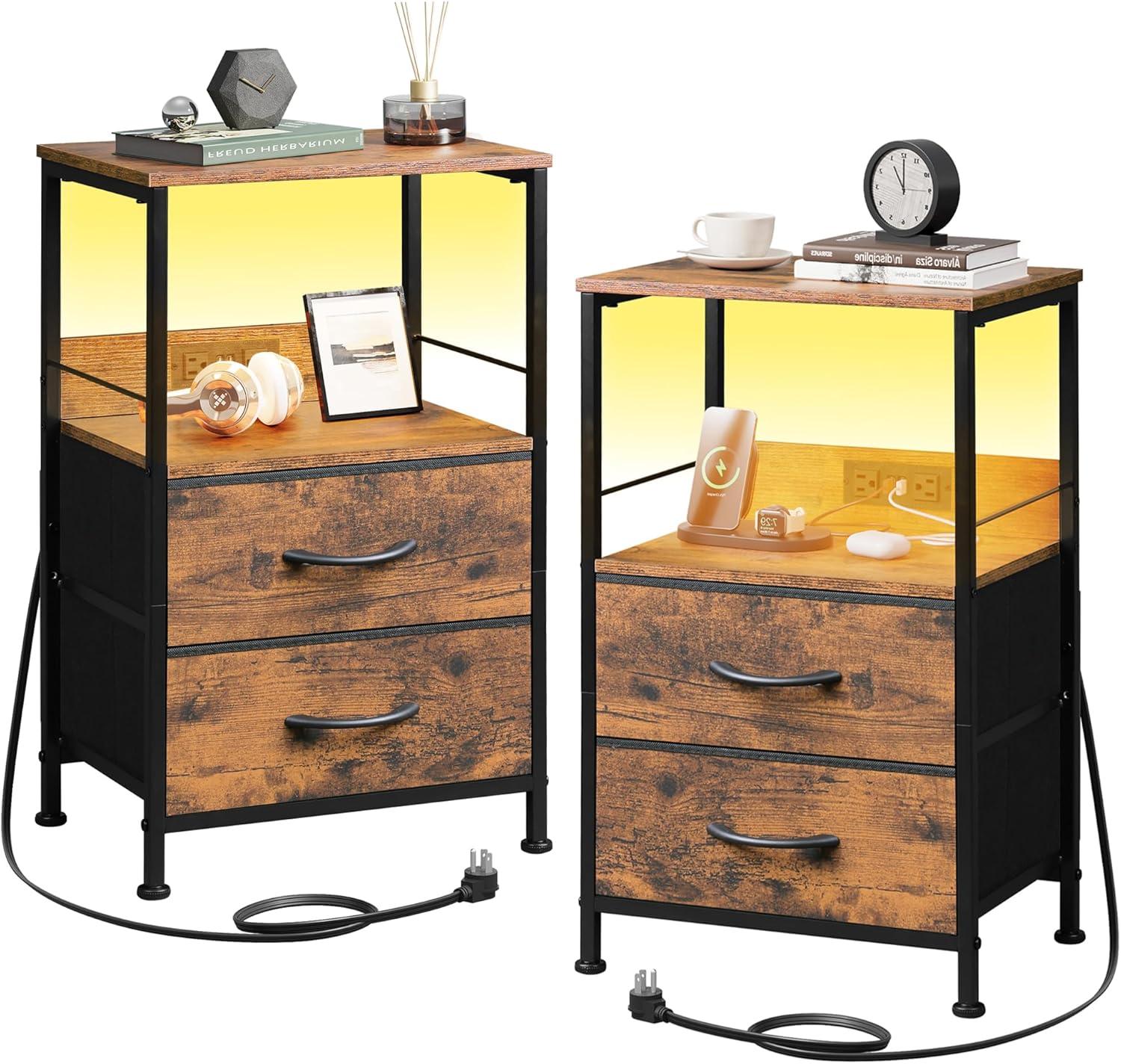 WLIVE Night Stand Set of 2 with Charging Station, LED Nightstand Sets with 2 Fabric Drawers and Storage Shelf, Small Bedside Tables for Small Spaces, Dresser for Bedroom, Rustic Brown