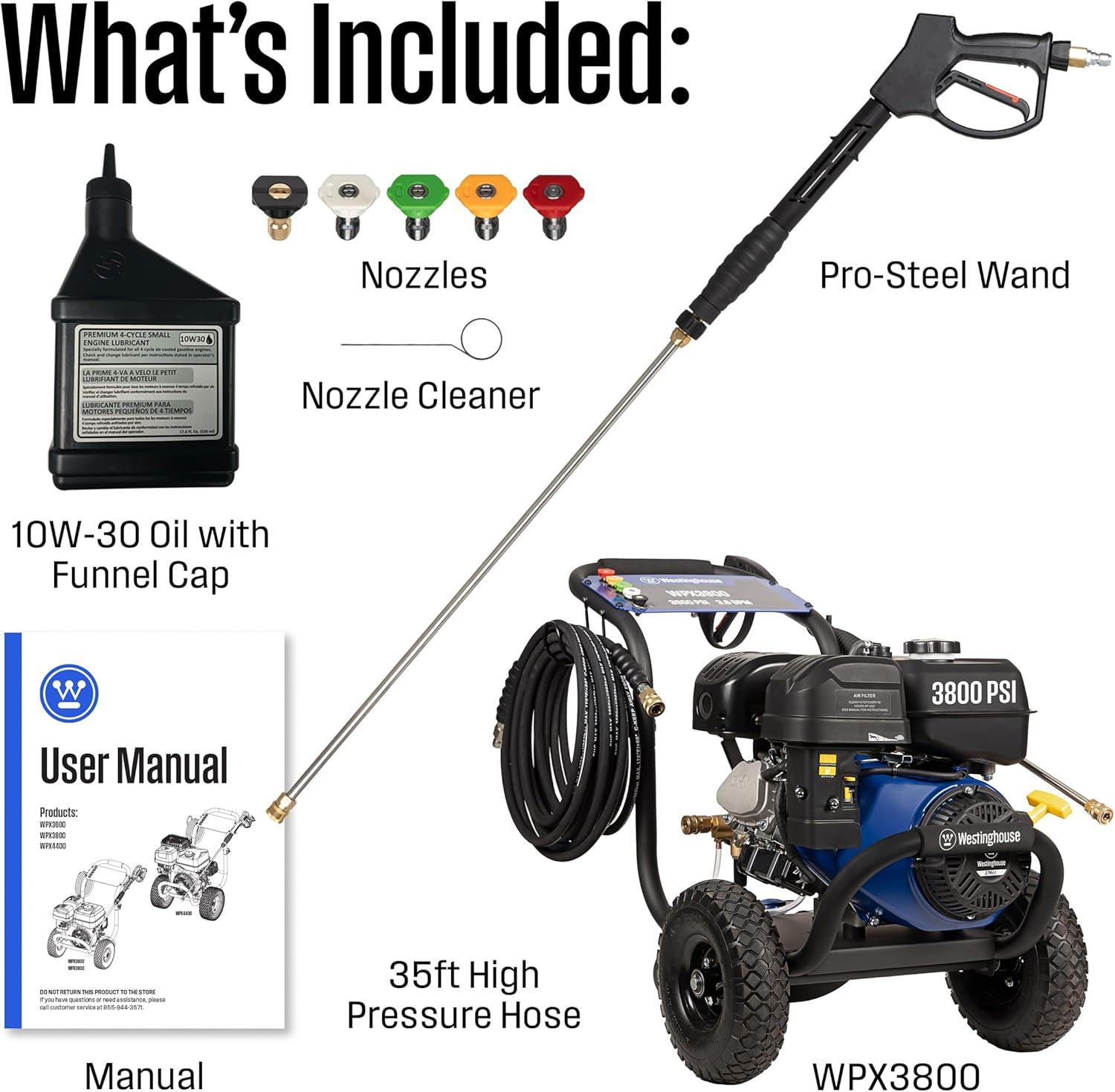 Westinghouse 3800-PSI 3.6-GPM Gas Pressure Washer, Heavy Duty, 5 Nozzles, Soap Tank