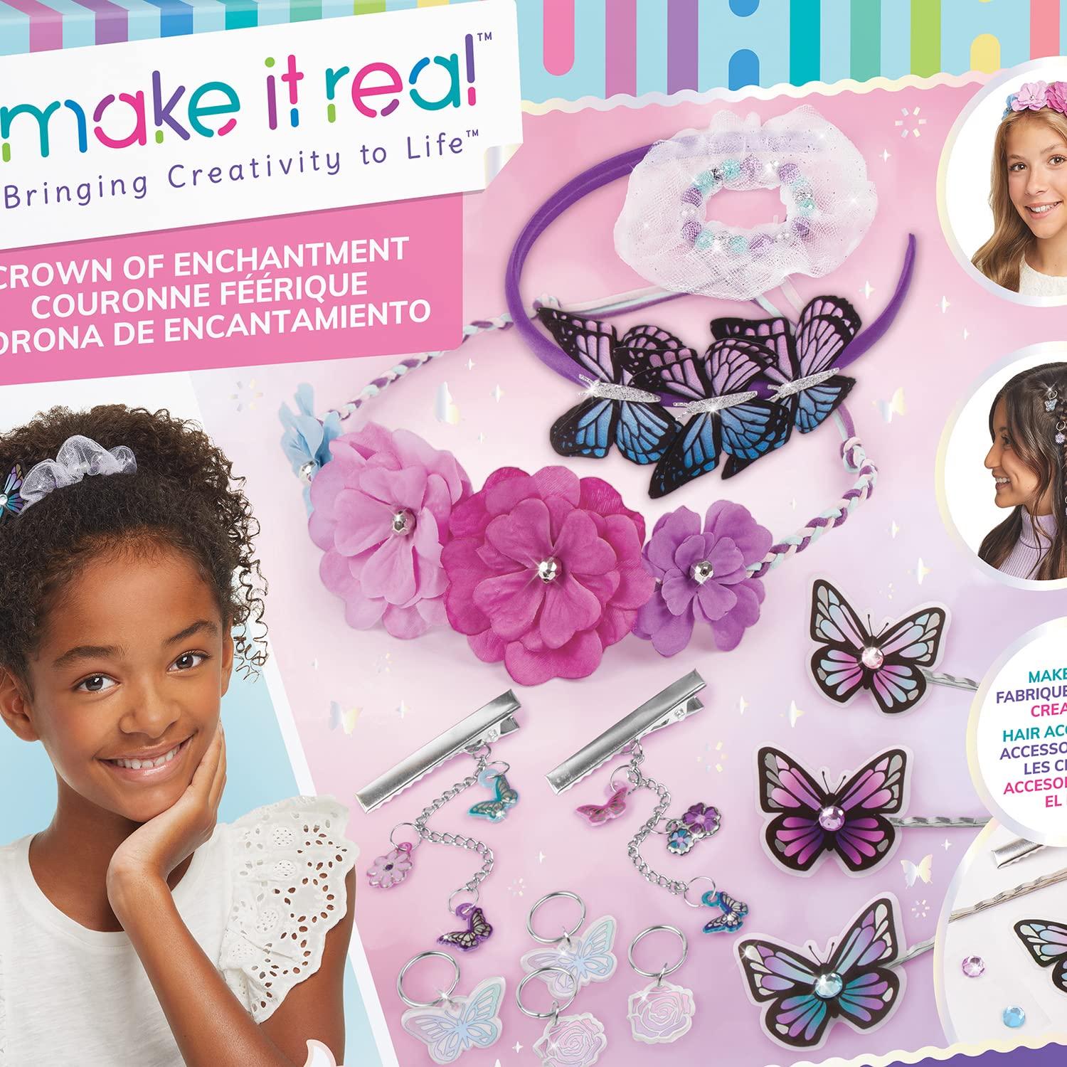 Make It Real: Crown Of Enchantment - DIY Jewelry Kit, Create Up To 12 Eye-Catching Charm Hair Accessories, Butterflies, Pink Purple Blue, 73 Pieces, All-In- 1 DIY KIT, Tweens & Girls, Kids Ages 8+
