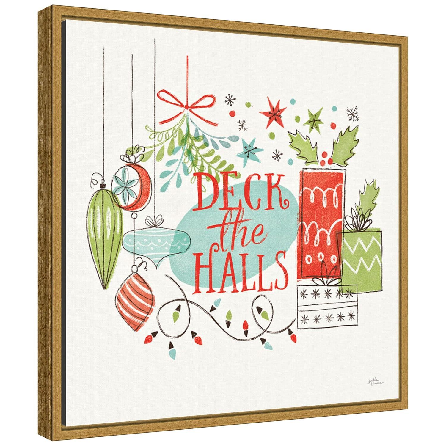 16" x 16" Deck the Halls Christmas Holly by Janelle Penner Framed Canvas Wall Art - Amanti Art