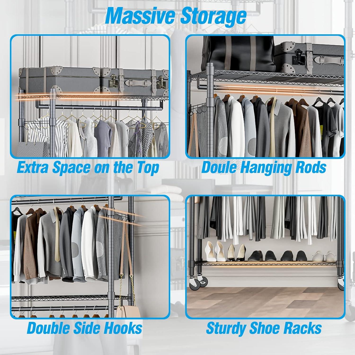 Gray Industrial Metal 3-Shelf Rolling Garment Rack with Hooks