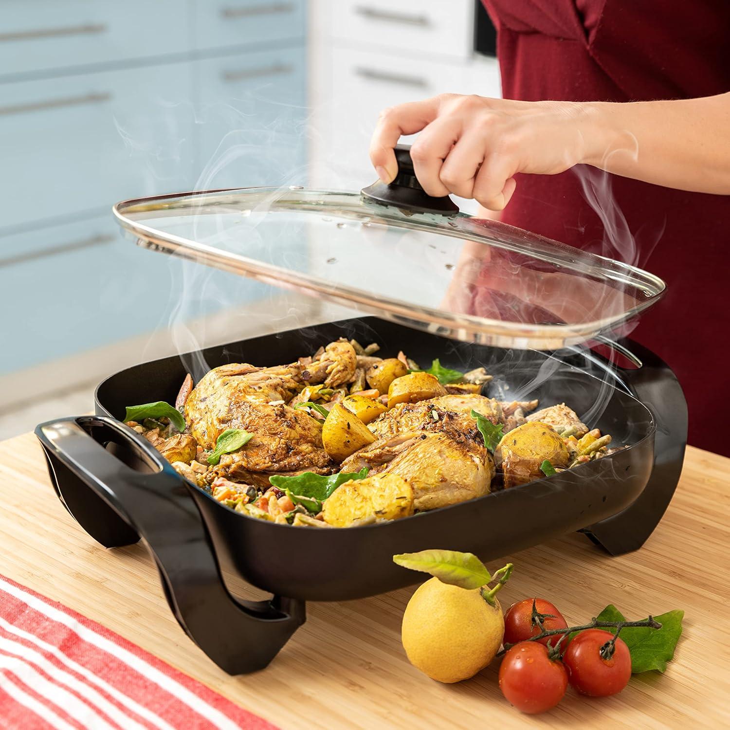 Moss & Stone Round Nonstick Electric Skillet With Lid, Aluminum 12 Inch Electric Frying Pan, 2 Layers Of Non-Stick Coating, Adjustable Temperature Control, Lid With Steam Vent, Electric Deep Skillet