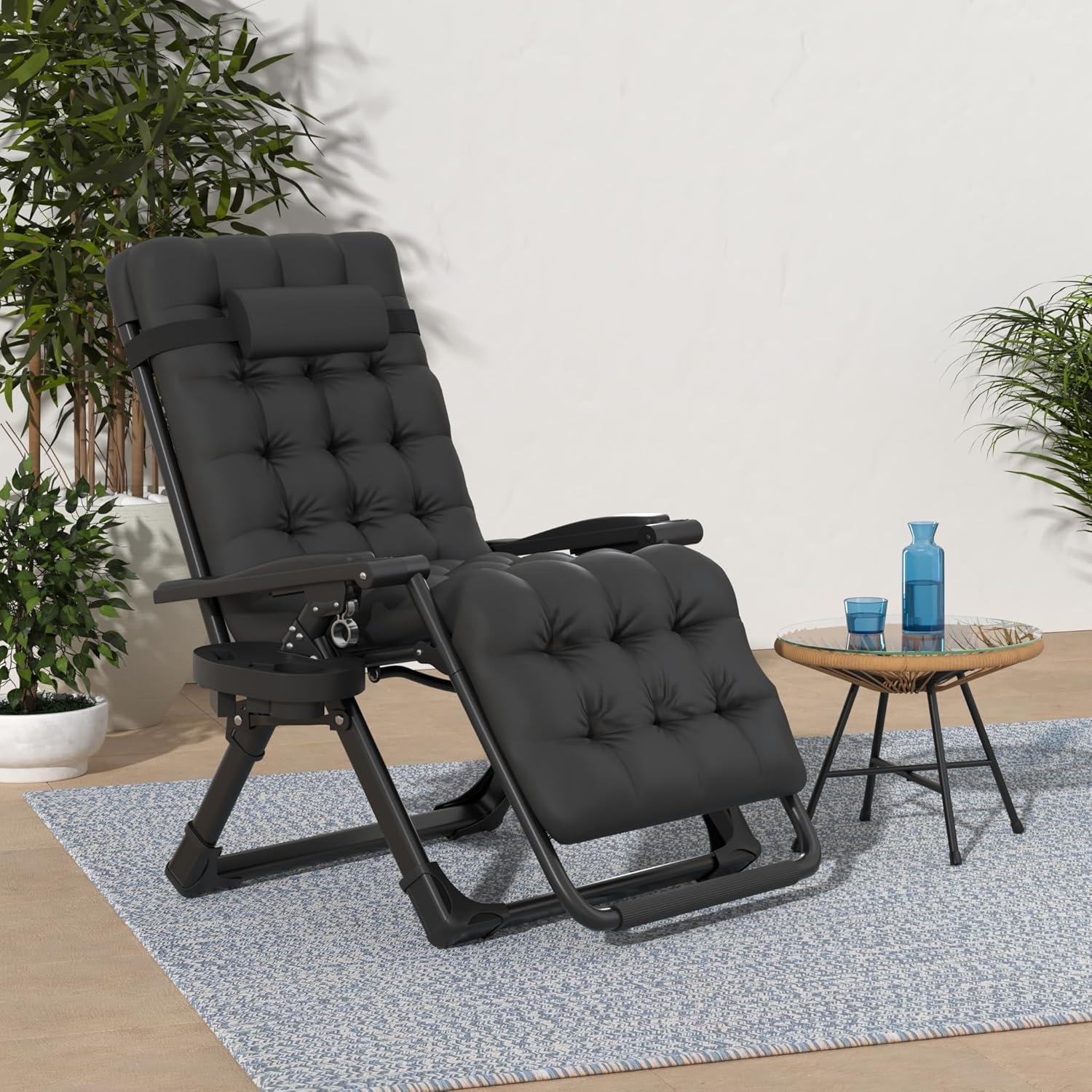 Black Cushioned Zero Gravity Reclining Lounger with Cup Holder