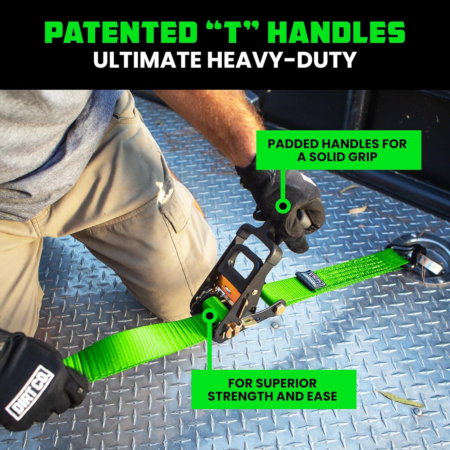 Rhino USA Car Tie Down Straps for Trailers w/ J Hooks - 2" x 8' (10,000lb Break Strength) 4pc Green