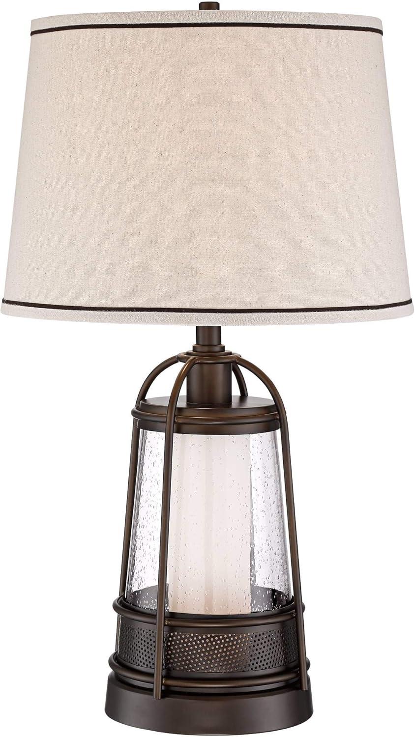 Franklin Iron Works Hugh Industrial Rustic Table Lamp 26" High Bronze Metal Seeded Glass with LED Nightlight Off White Shade for Bedroom Living Room