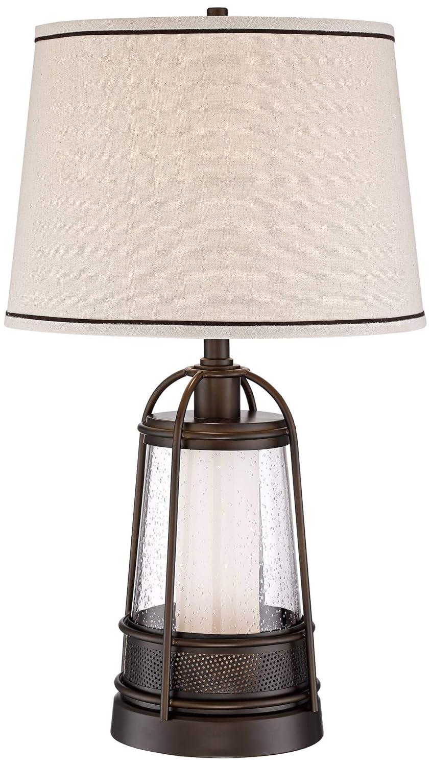 Franklin Iron Works Hugh Industrial Rustic Table Lamp 26" High Bronze Metal Seeded Glass with LED Nightlight Off White Shade for Bedroom Living Room
