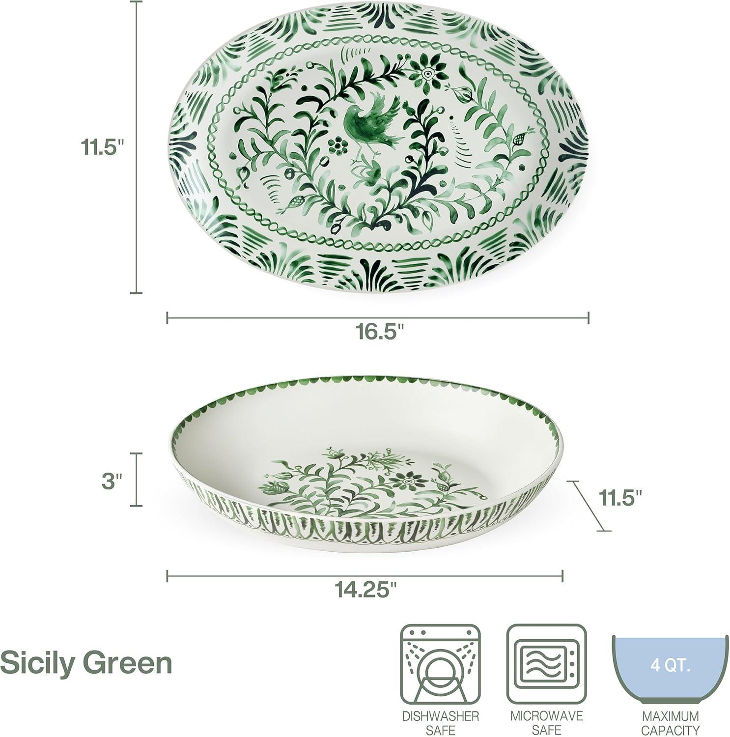 Green Floral Ceramic Oval Serving Bowl and Platter Set