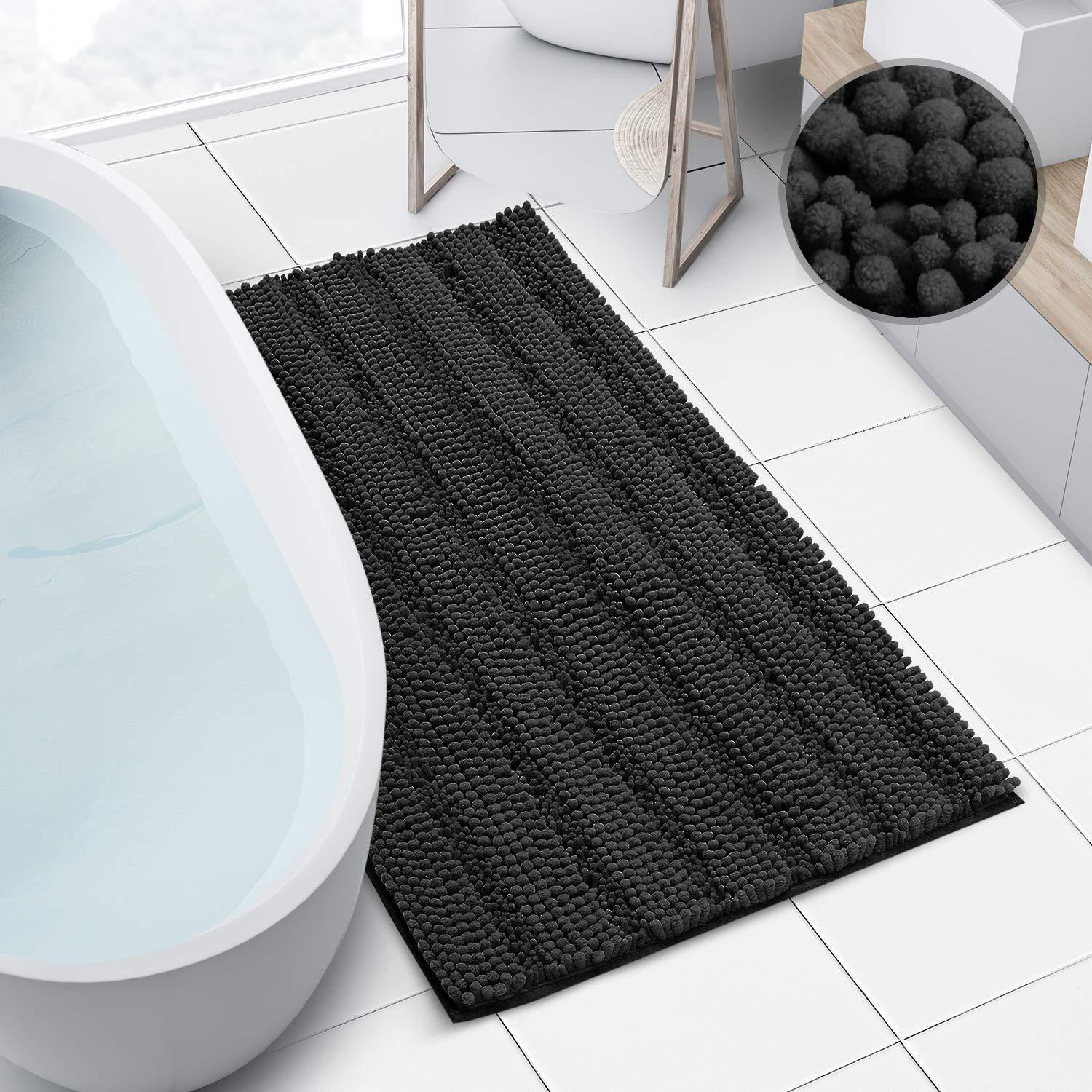 Hearth & Harbor Striped Bathroom Rug, Ultra Soft Large Chenille Bath Mat - Black