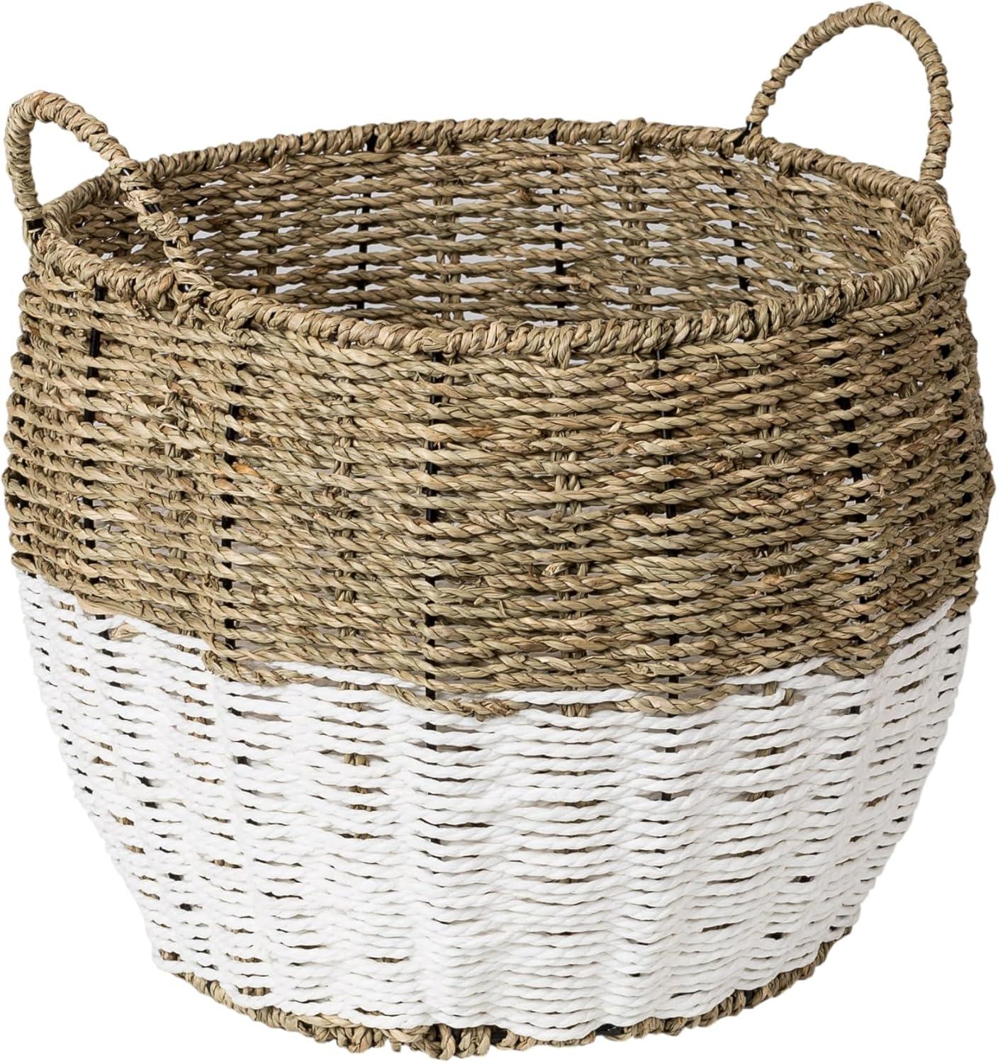 Honey-Can-Do Seagrass Round Storage Basket with Handles, Natural/White