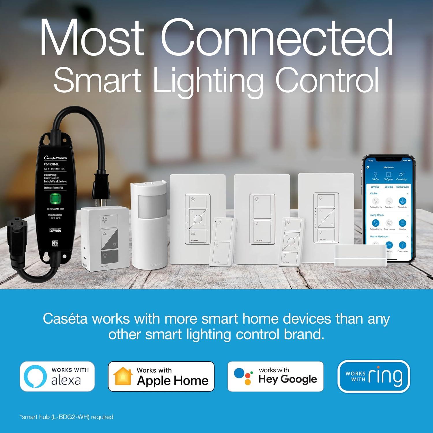 Lutron Caseta Smart Lighting Switch for All Bulb Types or Fans | Neutral Wire Required | PD-6ANS-WH | White