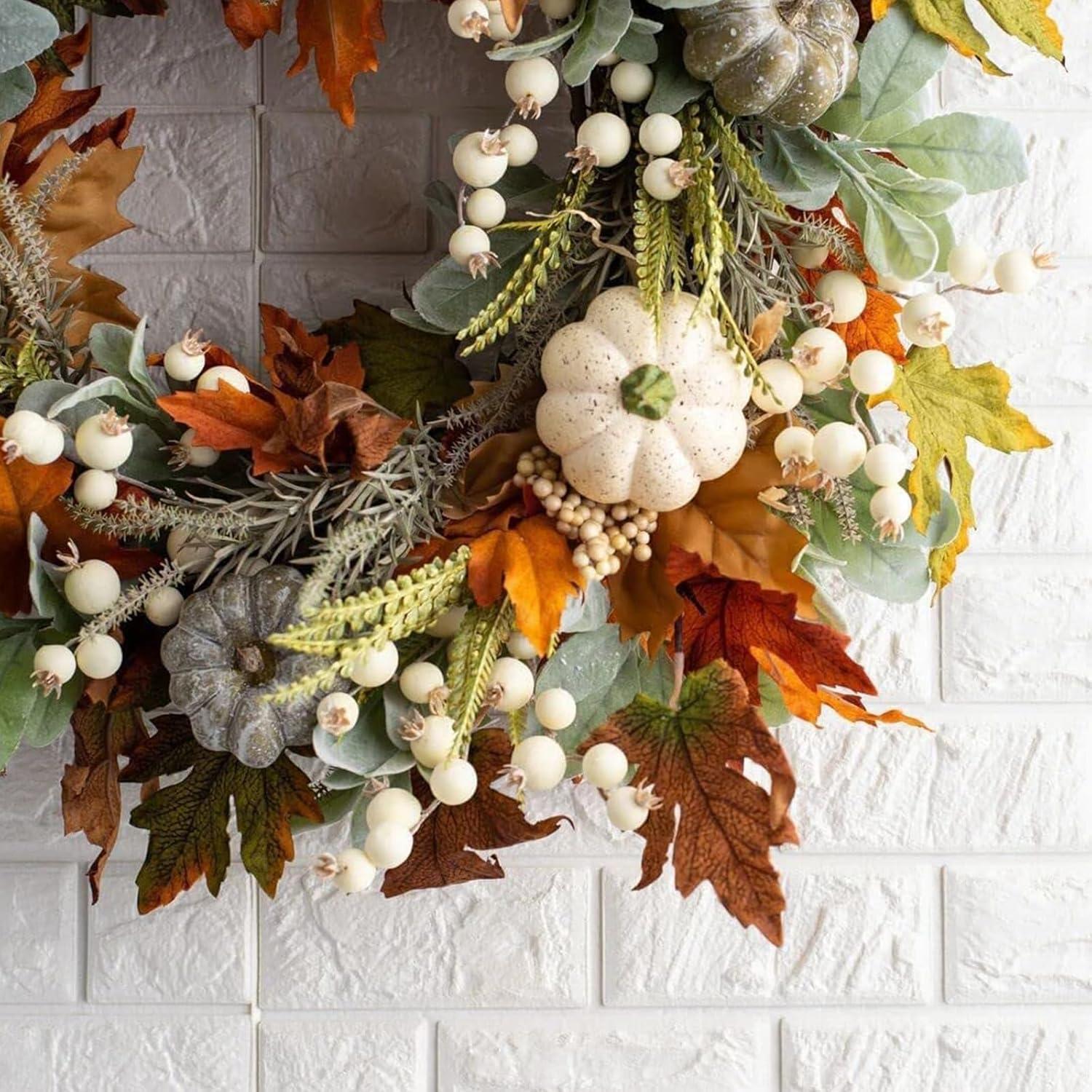 Artificial Fall Wreaths for Front Door Rustic Autumn Wreath with Pumpkin,Rose,Berry Branchesm,Mixed Leaves Thanksgiving Wreath Fall Door Wreath for Halloween Thanksgiving Indoor Outdoor Decor (A15.7)