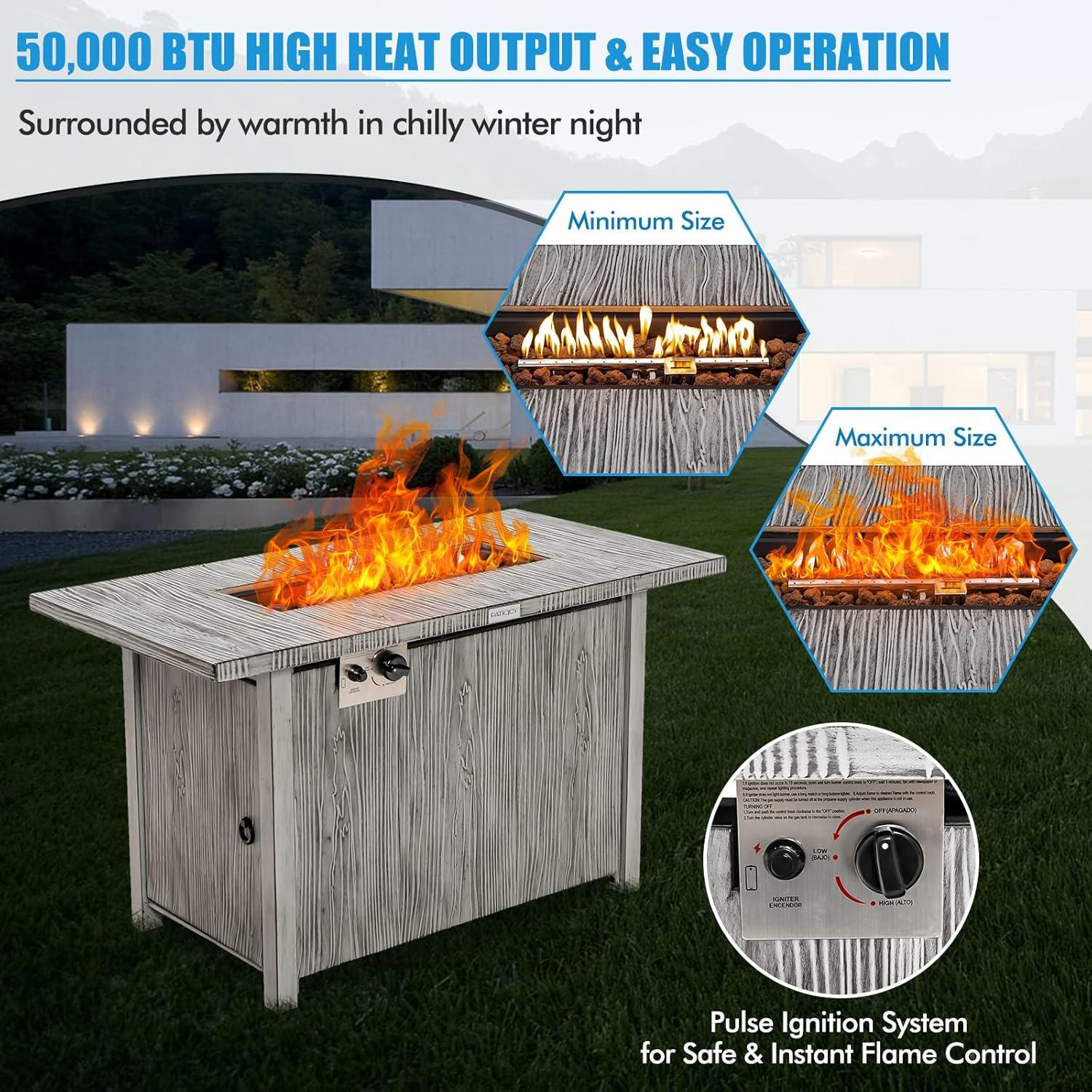 Patiojoy 43’’ Propane Fire Pit Table 50,000 BTU Outdoor Propane Gas Fire Table w/ Wood Grain Tabletop Hideaway Tank Storage