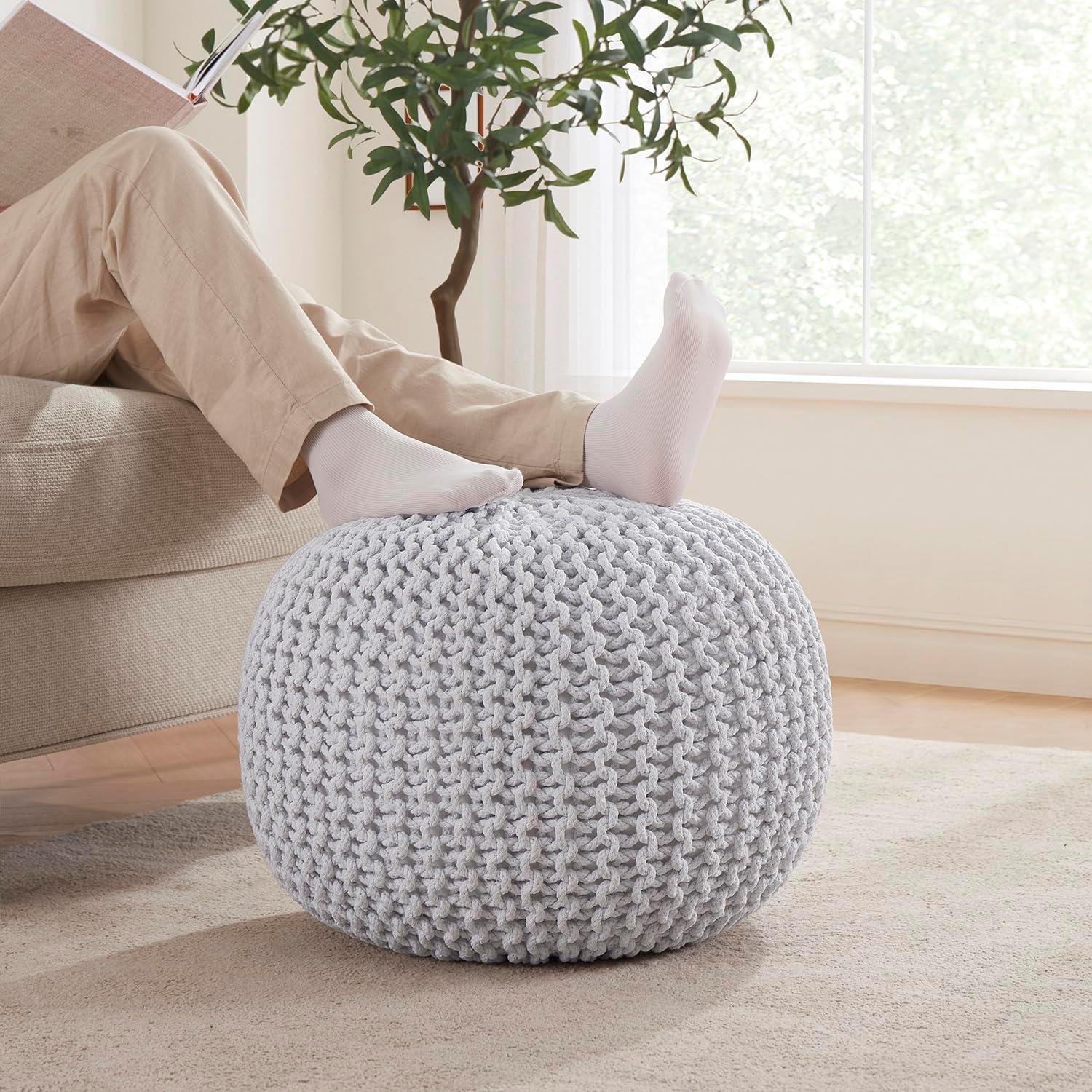 Ornavo Home Cotton Classic Braid Pouf Ottoman - 15" x 18.5" - White