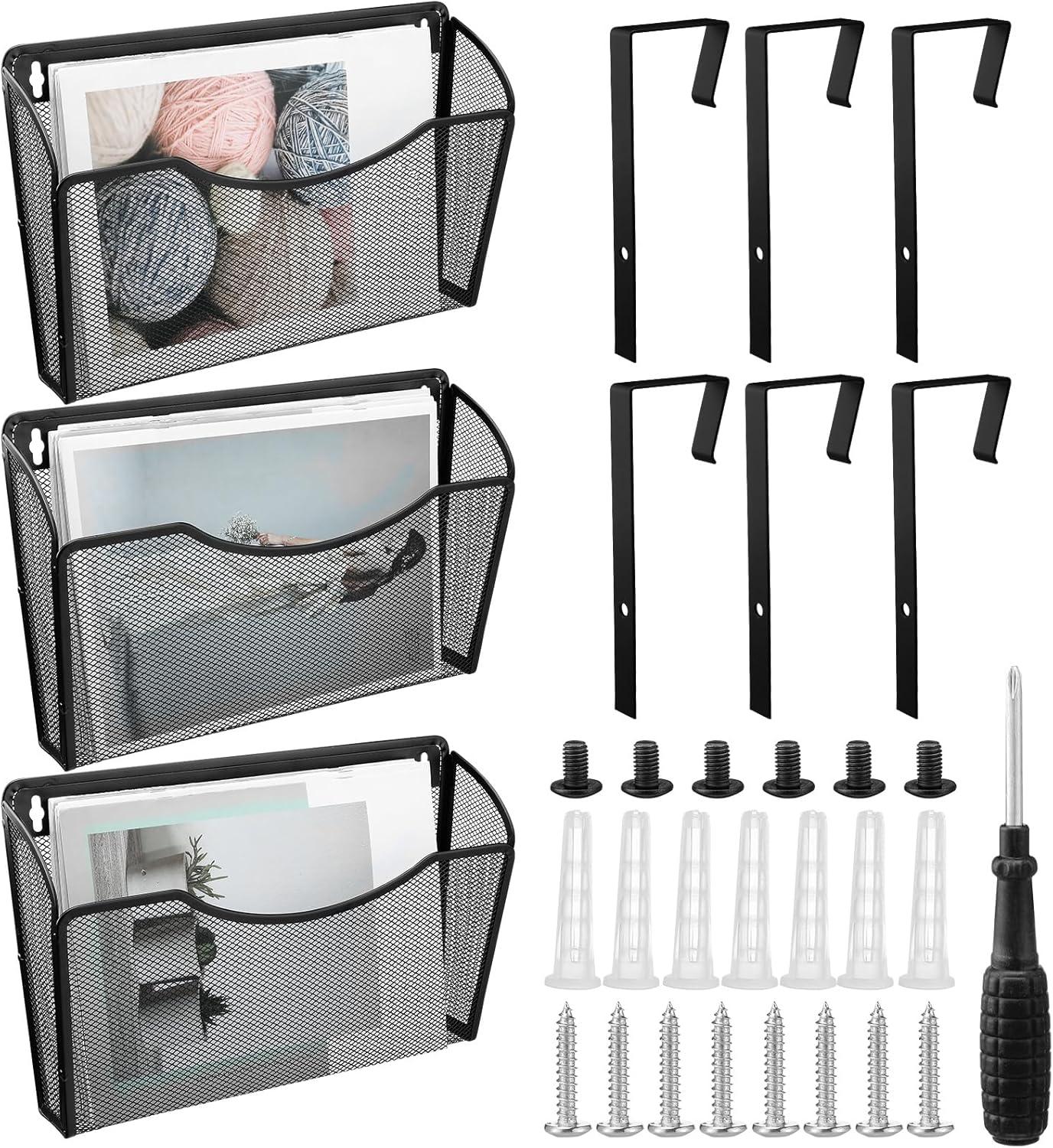 Mesh 3 Pack Wall Mounted File Holder Metal Hanging Vertical Wall File Pocket Organizer for Office and Home, Black