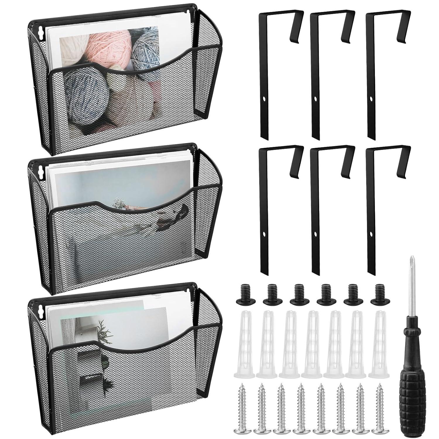 Mesh 3 Pack Wall Mounted File Holder Metal Hanging Vertical Wall File Pocket Organizer for Office and Home, Black