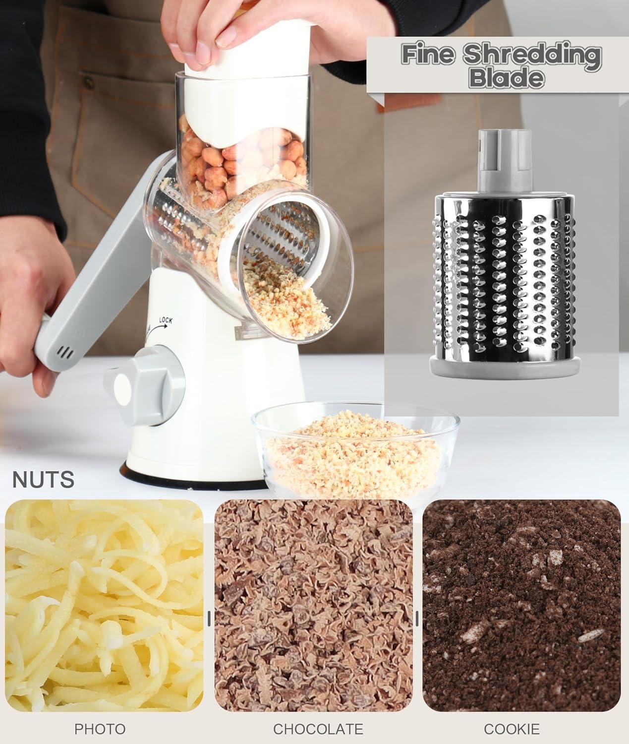 White Rotary Hand Crank Cheese Grater with Stainless Steel Blades