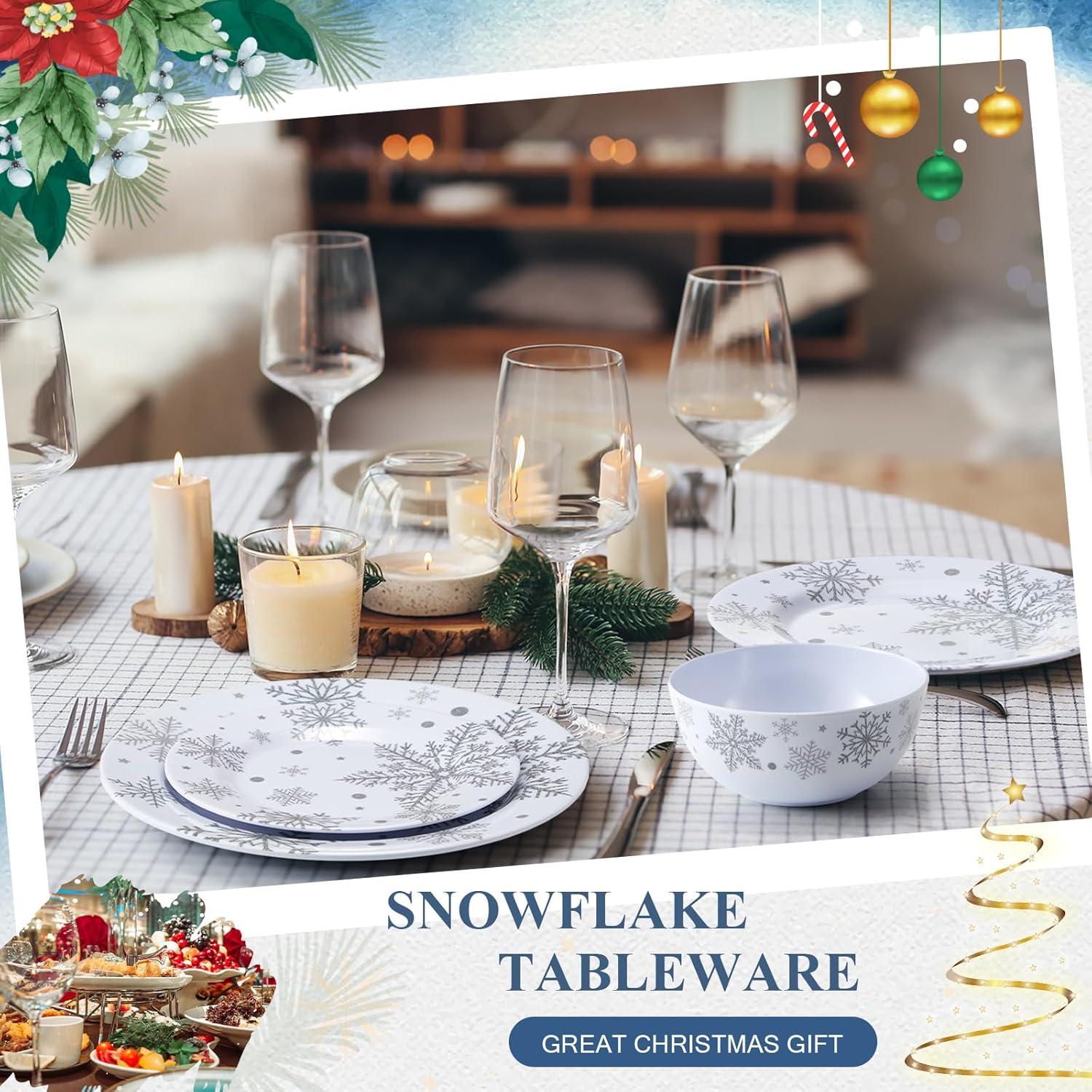 The Holiday Aisle® 12 Pcs Christmas Snowflake Melamine Dinnerware Set Plates And Bowls Set Include  Dinner Plates Plates Soup Bowl,Service For 4 For Christmas Winter Party Supplies