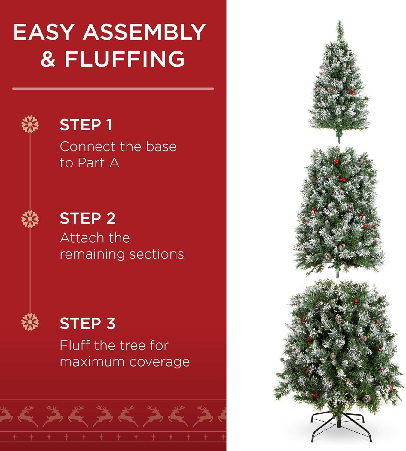 Best Choice Products Pre-Lit Pencil Christmas Tree, Pre-Decorated, Frosted w/ Flocked Tips, Lights, Base