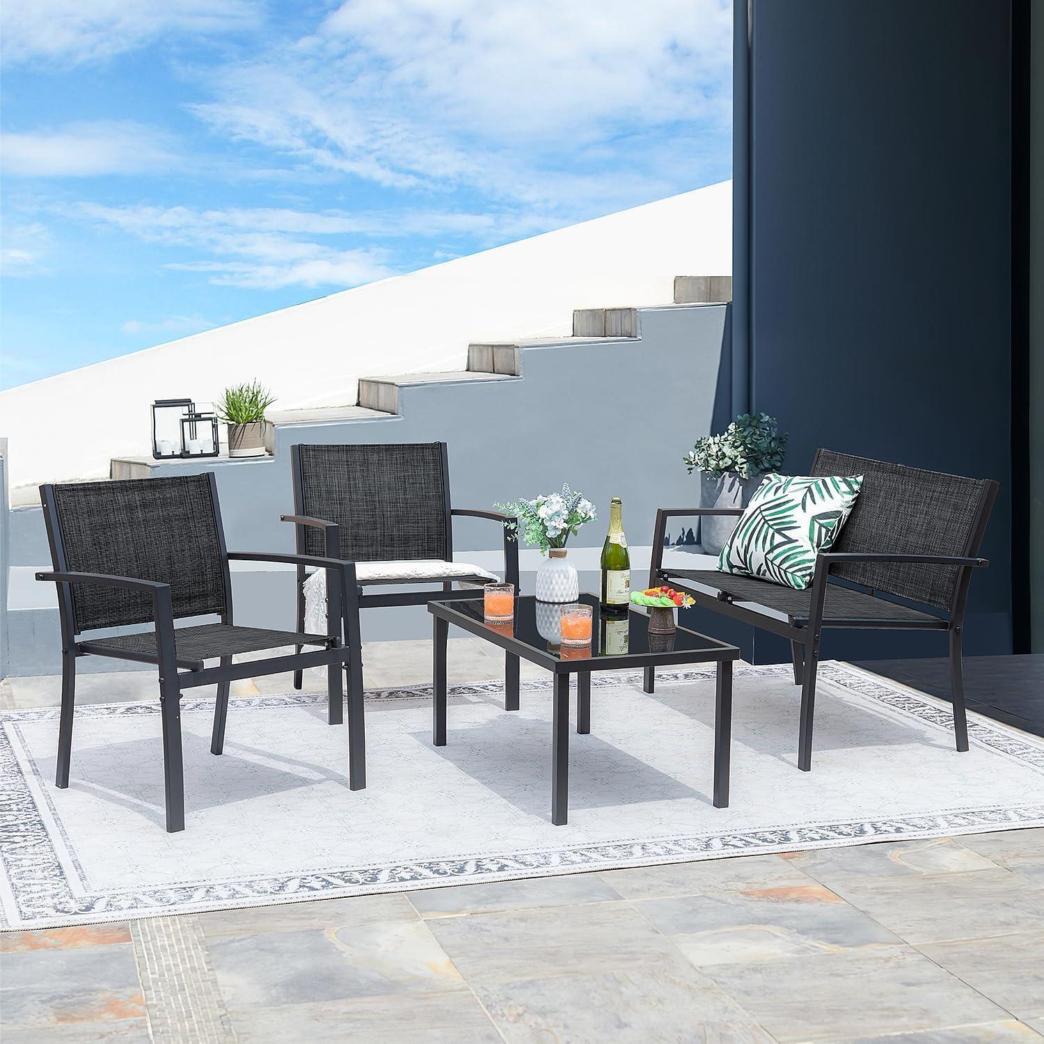 Black Steel and Textilene 4-Piece Patio Furniture Set with Glass Table