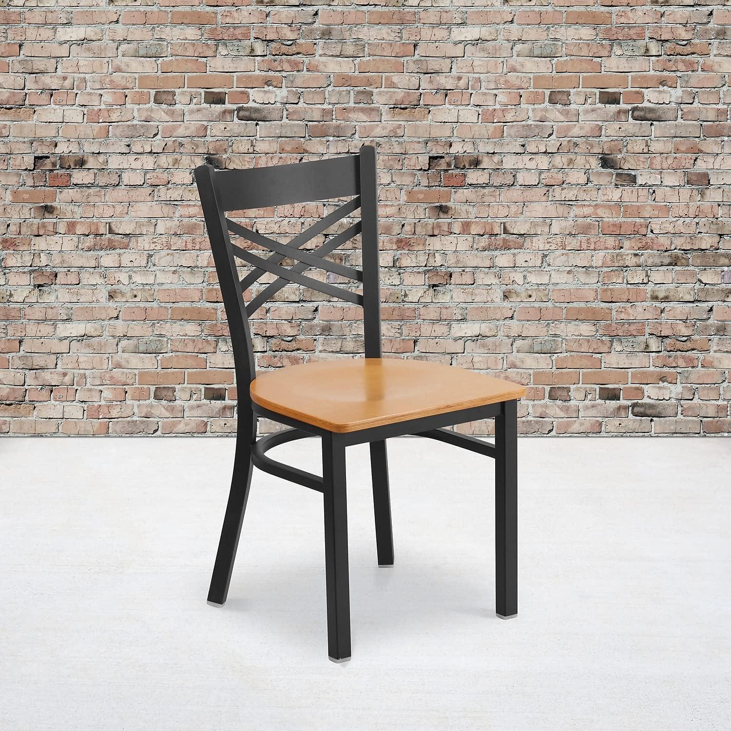 Flash Furniture 2 Pack HERCULES Series Black ''X'' Back Metal Restaurant Chair - Natural Wood Seat