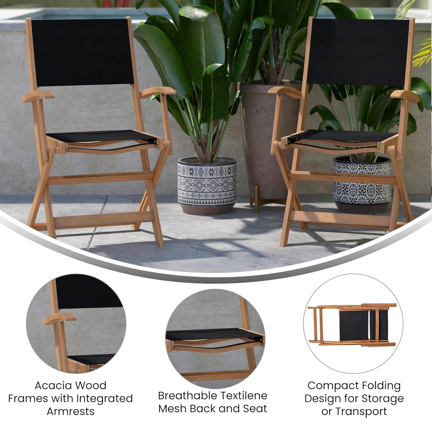 Flash Furniture 2PK All-Weather Acacia Wood and Mesh Folding Bistro Armchairs - Natural/Black