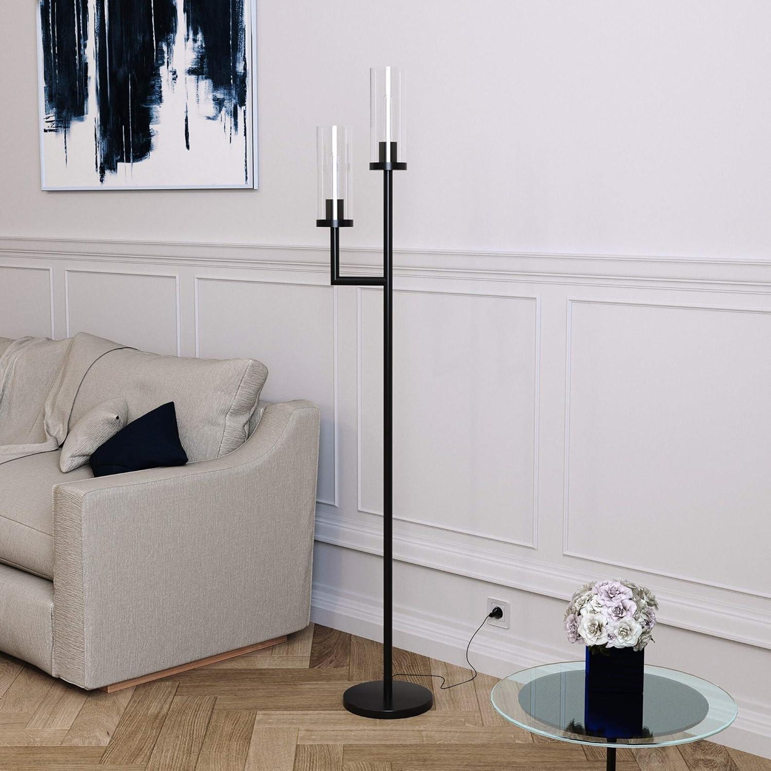 Evelyn&Zoe Basso 2-Light Torchiere Floor Lamp with Glass Shade in Polished Nickel/Clear