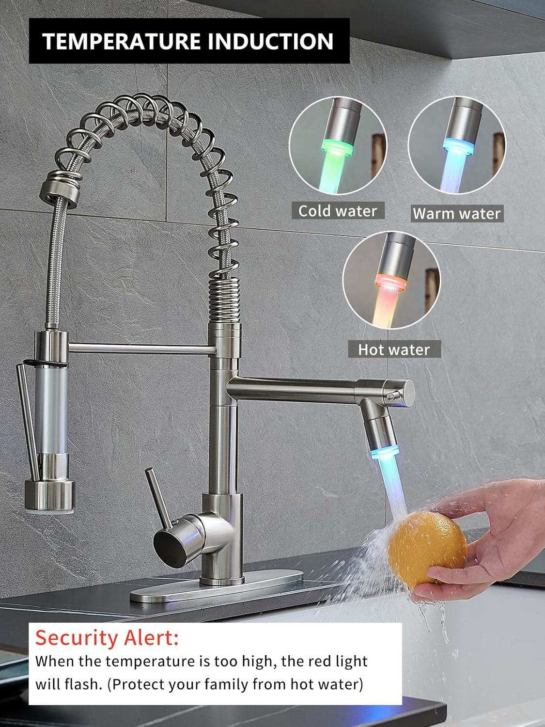 Brushed Nickel Pull-Out Spray Kitchen Faucet with LED Light