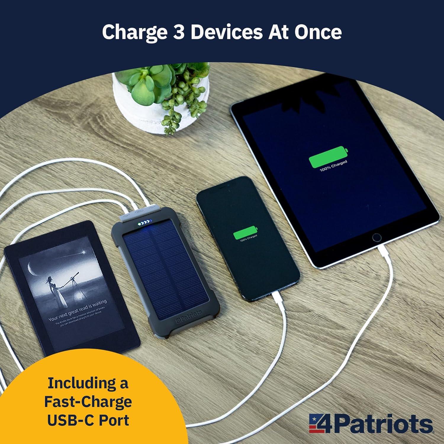 4Patriots 4-Pack Patriot Power Cell Bundle: Portable Solar Power, Rechargeable Battery 2 USB Ports, 8,000 mAh Lithium Polymer Battery, LED Flashlight & IP67 Water Resistant for Hiking or Emergencies