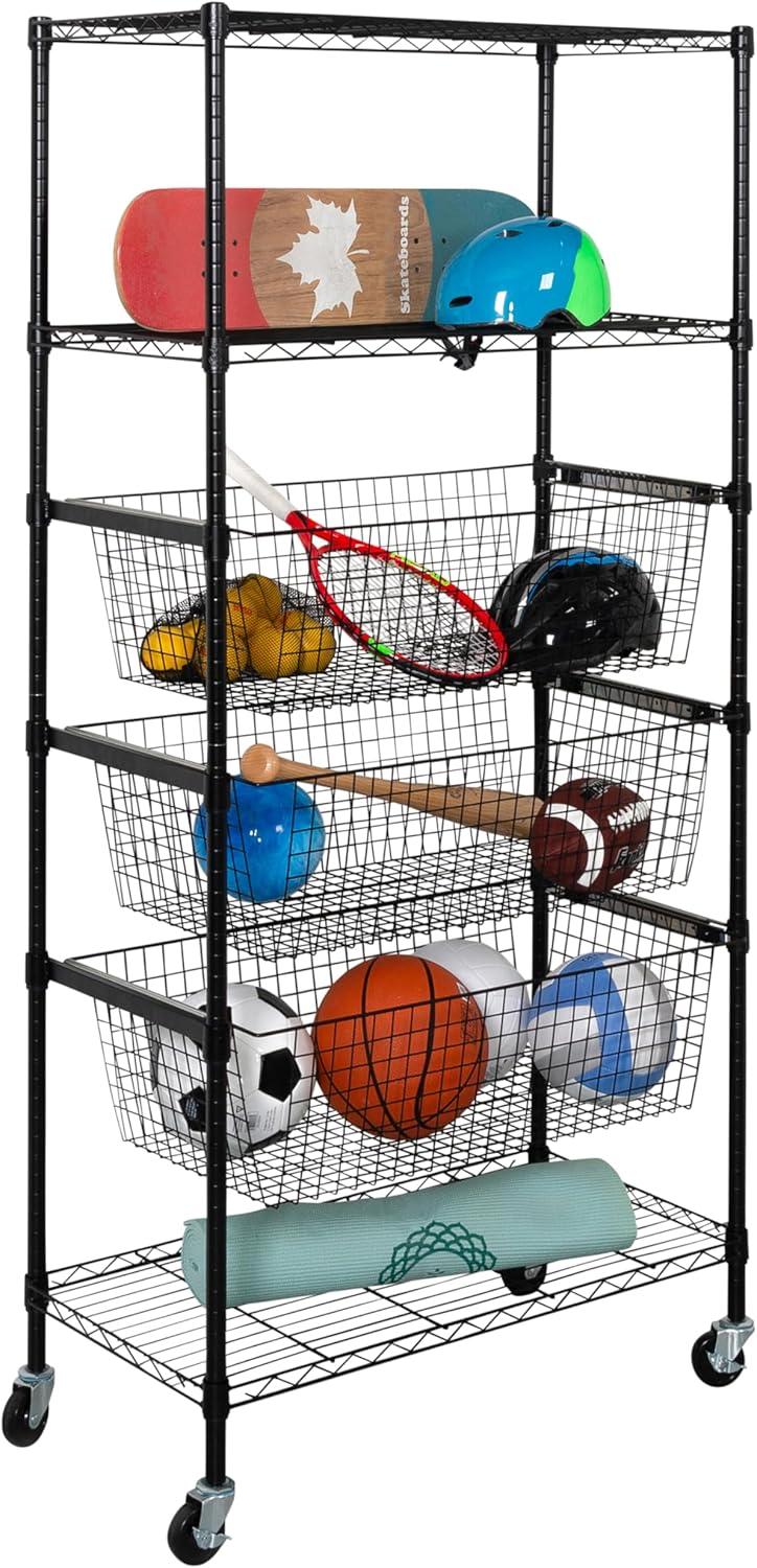 Honey-Can-Do 3-Shelf Steel Heavy-Duty Storage Shelves with 3 Pull-Out Baskets, Black, Holds up to 200 lb per Shelf