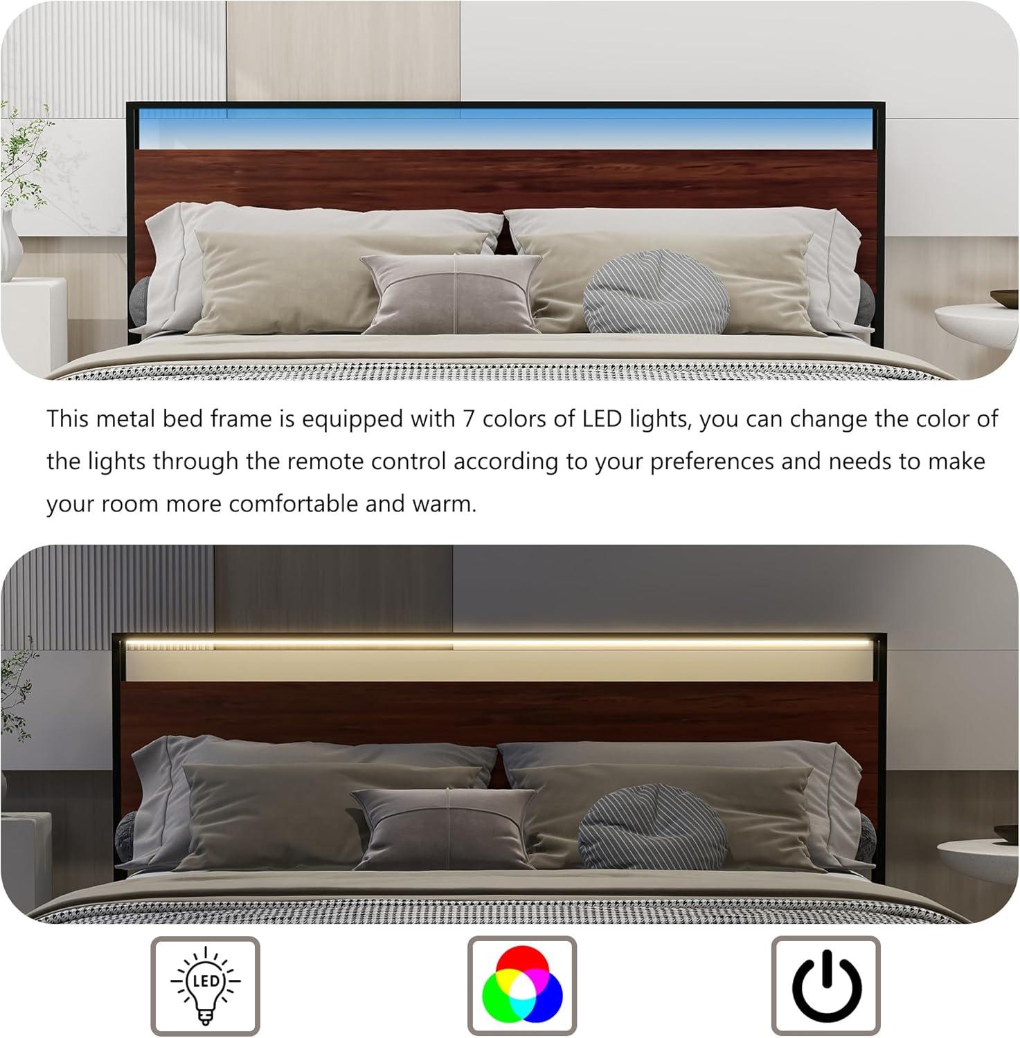 NNV King Size Metal Platform Bed Frame with USB Ports & AC Outlets, LED Lights Storage Headboard, Mahogany